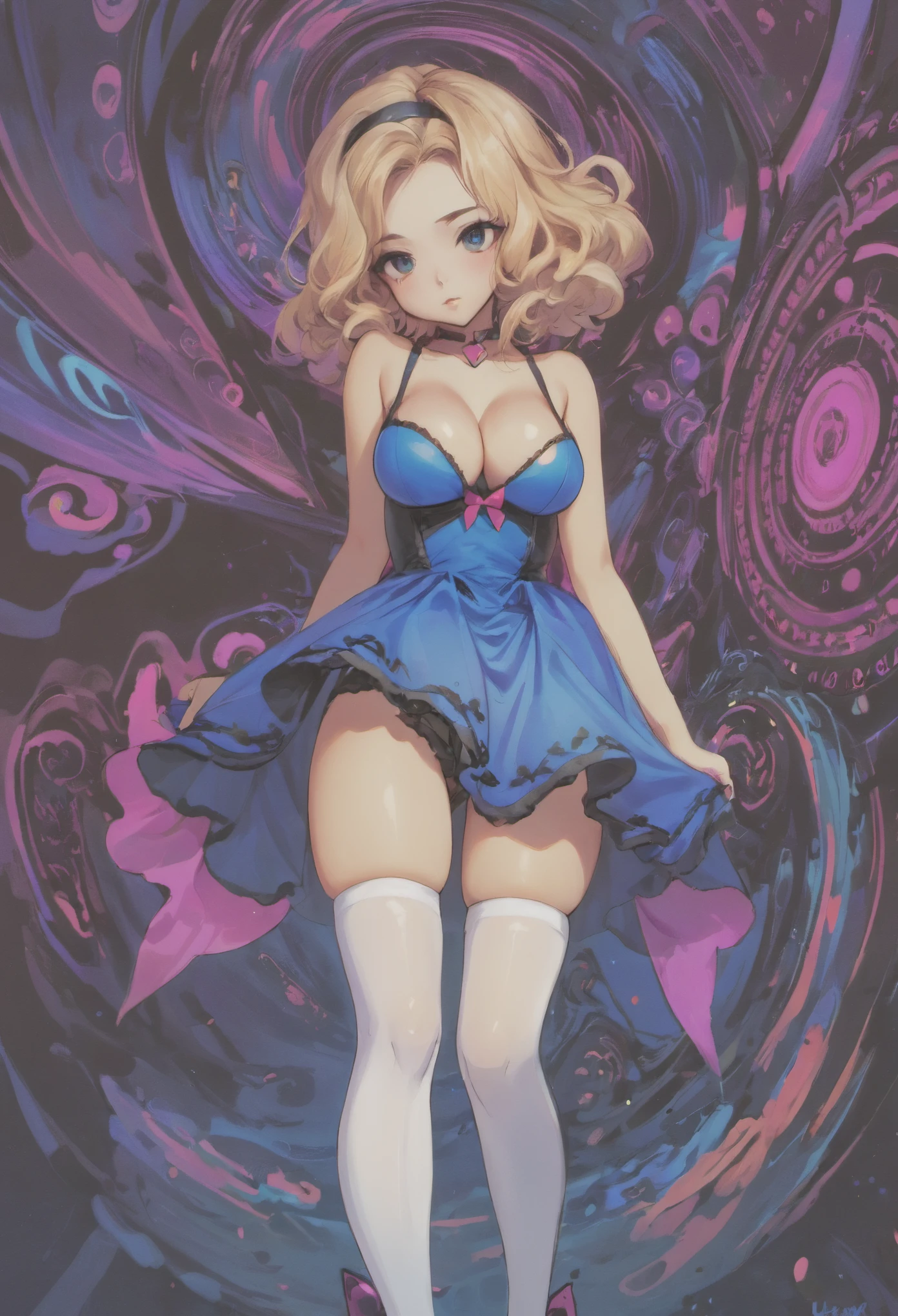 a beautiful 20 year old blonde woman with big messy hair in a blue dress, white stockings, black headband, cleavage, fantasy art style, rossdraws cartoon vibrant, alice x. zhang, alice in wonderland cyberpunk, cute detailed digital art, colorfull digital fantasy art, digital fantasy art ), glossy digital painting, rossdraws pastel vibrant, rossdraws 2. 5, rossdraws 1. 0