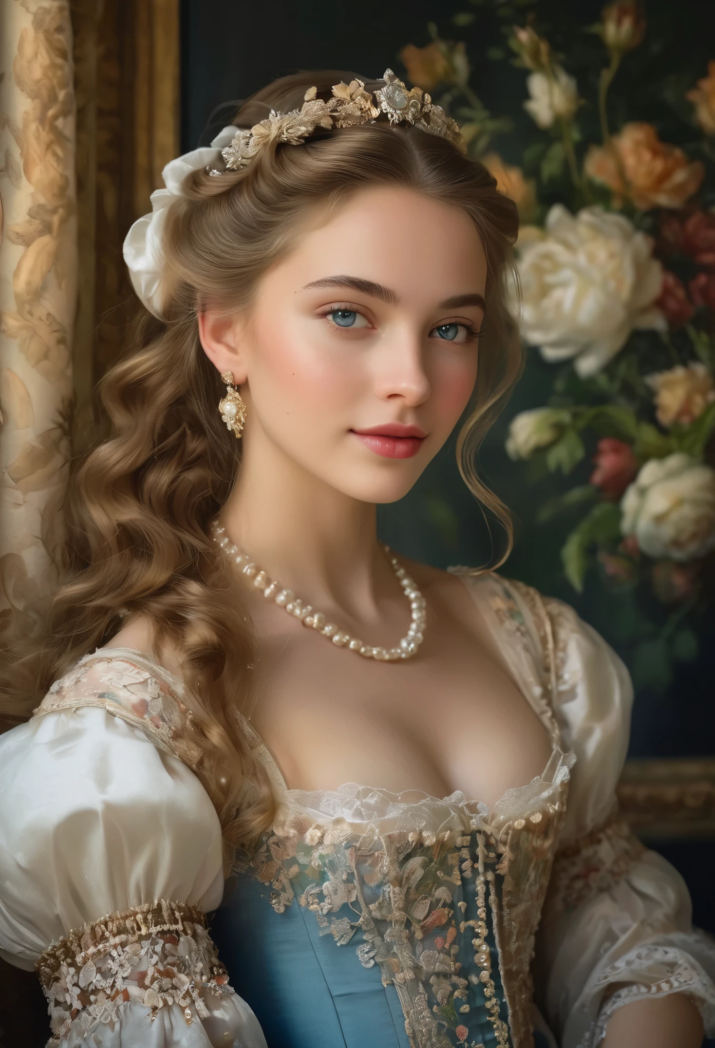 (best quality,4k,8k,highres,masterpiece:1.2),ultra-detailed,(realistic,photorealistic,photo-realistic:1.37),18th-century portrait,Italian girl,15 years old,stunningly beautiful,portrait,prominent family background,vibrant colors,soft lighting,porcelain skin,rosy cheeks,piercing blue eyes,flowing golden locks,delicate features,gently smiling lips,ornate dress,lace details,pearl accessories,lush garden background,evoking elegance and sophistication,classic painting style,baroque influences,meticulous brushstrokes,subtle shading,exquisite attention to detail,intricate patterns,studio lighting,historical charm,graceful posture,subtle gaze,vivid floral arrangement,impeccable composition,rich color palette,epitome of beauty and grace,showcasing the youth and allure of the subject.