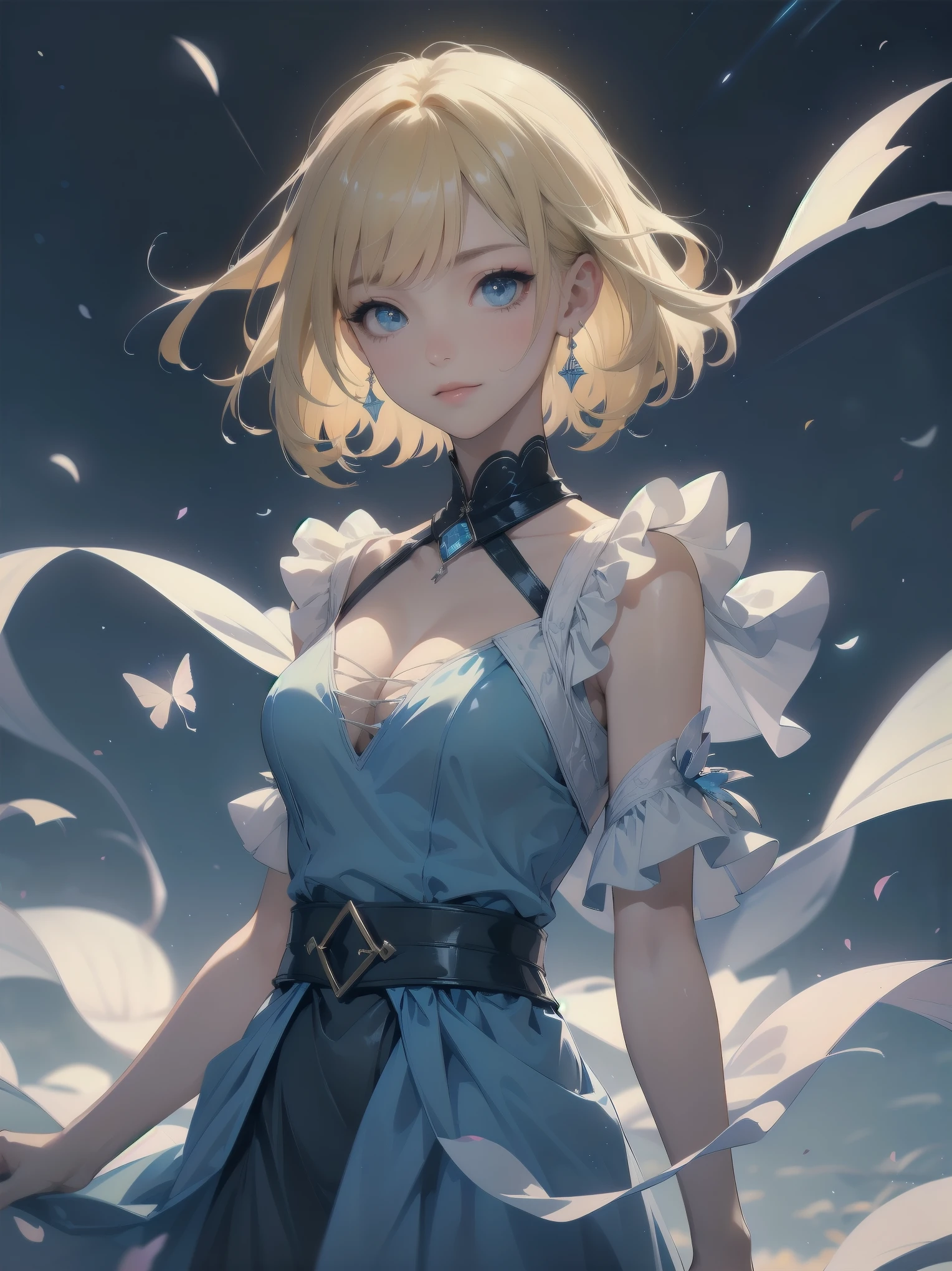 Masterpiece, Top Quality, High Resolution, Super Dimensional Face, Cute Eyes, Very Beautiful Girl in Long Blue Dress Anime Character, One Beautiful Girl, Long Dress, Solo, Blue Dress, (Bob-cut Hair:1.1), Amber Eyes, Gazing, Blonde Hair, ((Hair Fluttering in Wind)), , Medium Chest, Hoop Earrings, Fluttering hair, Night sky, Meteor shower, Fantastic, Phantom moon, Light smile, Dynamic, Fantasy, Otherworldly, Mysterious place