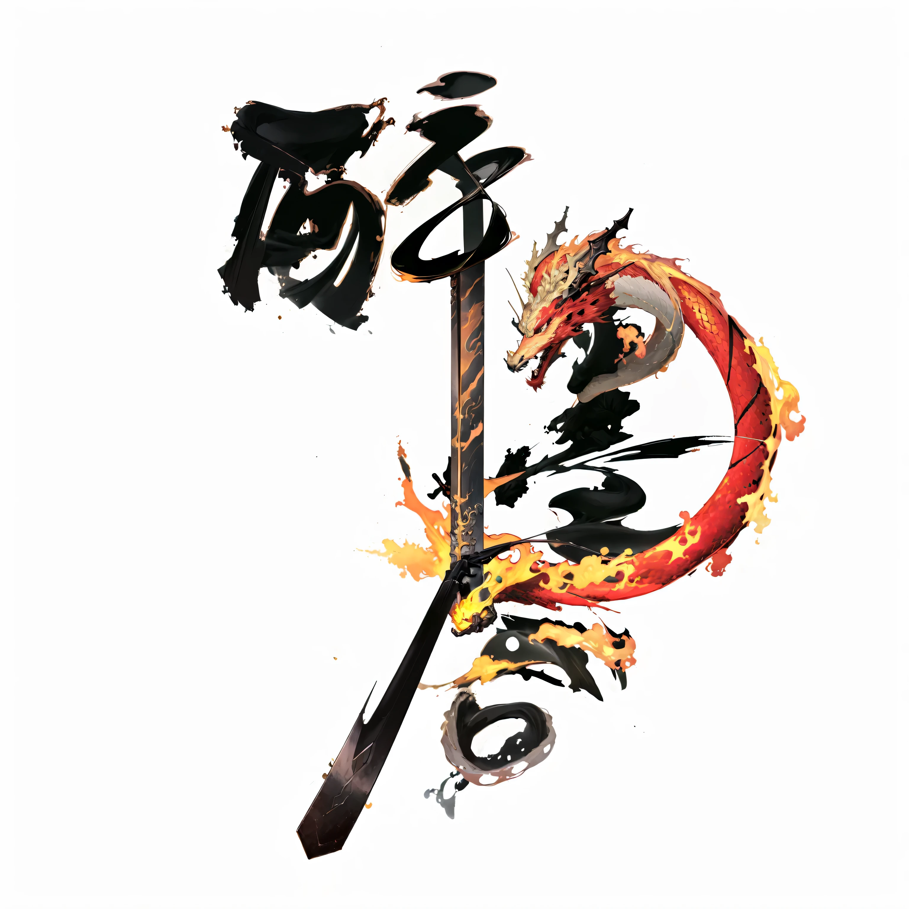 There is a dragon，There is a sword and Chinese characters in black ink on it, Inspired by Kanebo, Flame Dragon Snake, author：Travel in Kana, Onmyoji detailed art, Dragon Staff