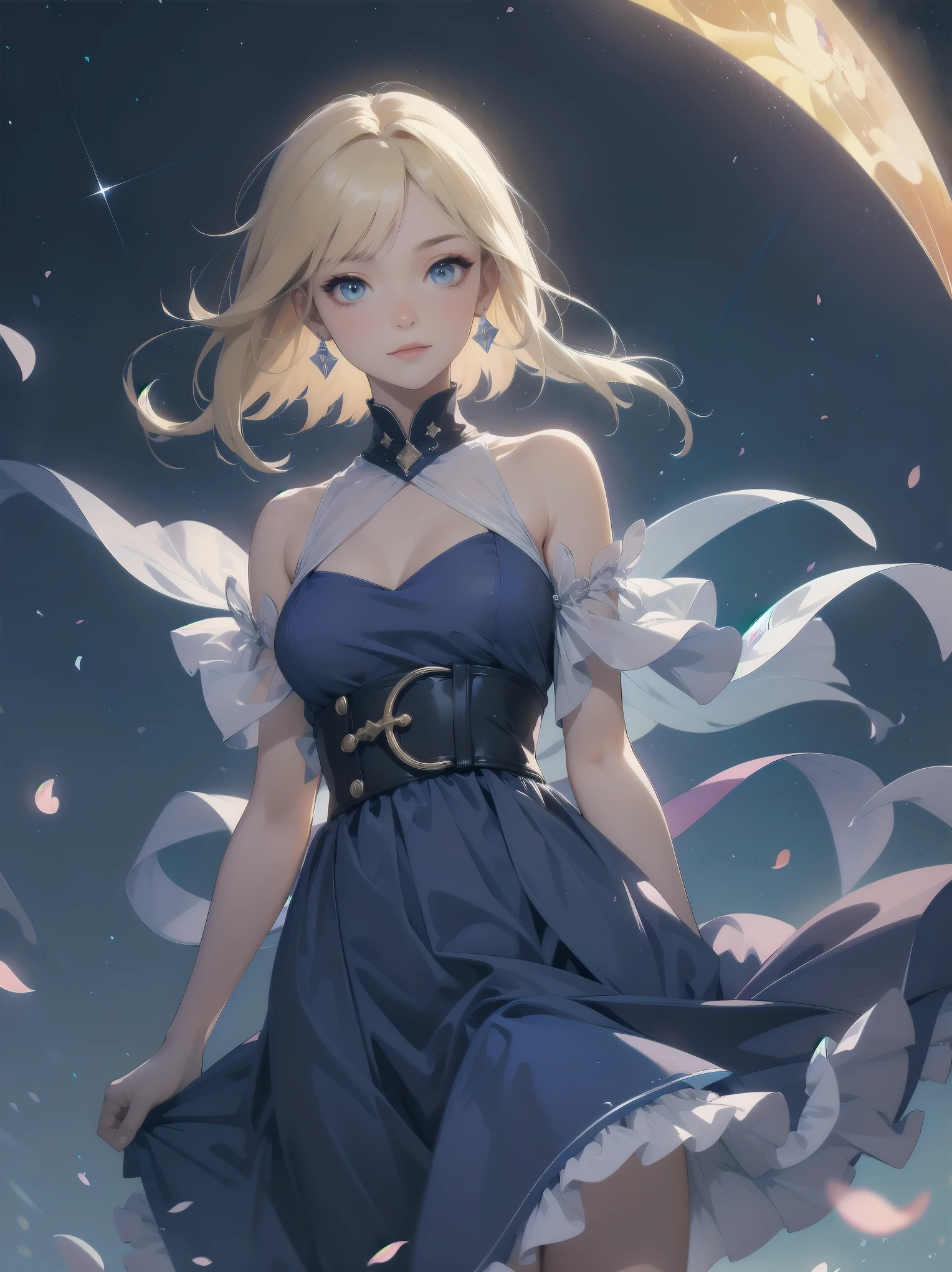 Masterpiece, Top Quality, High Resolution, Super Dimensional Face, Cute Eyes, Very Beautiful Girl in Long Blue Dress Anime Character, One Beautiful Girl, Long Dress, Solo, Blue Dress, (Bob-cut Hair:1.1), Amber Eyes, Gazing, Blonde Hair, ((Hair Fluttering in Wind)), , Medium Chest, Hoop Earrings, Fluttering hair, Night sky, Meteor shower, Fantastic, Phantom moon, Light smile, Dynamic, Fantasy, Otherworldly, Mysterious place