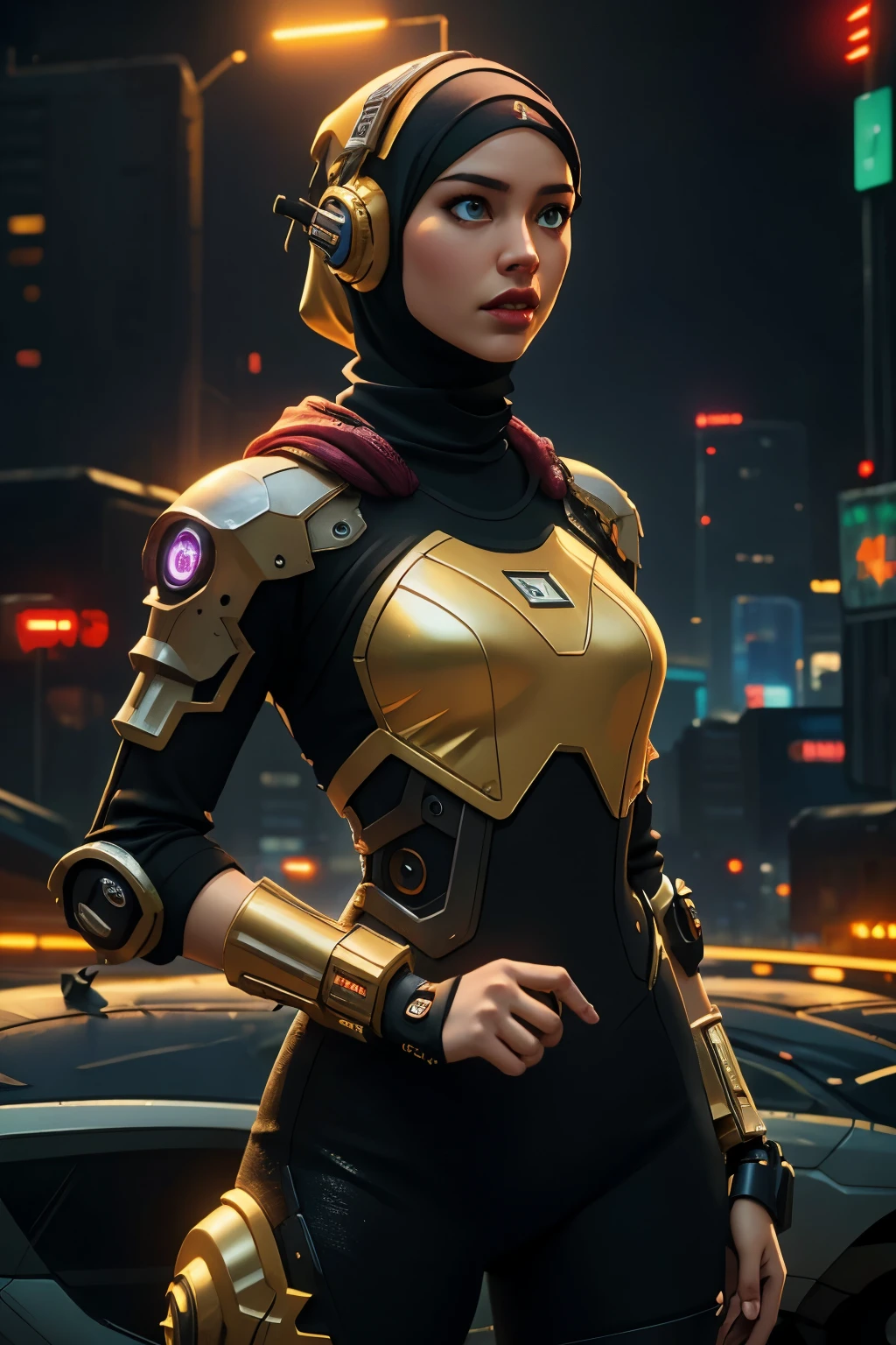 cyber punk girl in hijab,(best quality、8K、32K、masterpiece)、(Ultra -High definition)、(Photorealistic:1.4),dynamic pose,cowboy shot,cyberpunk fashion,golden,depth of field,cyberpunk jakarta city background,lighting cinematic.