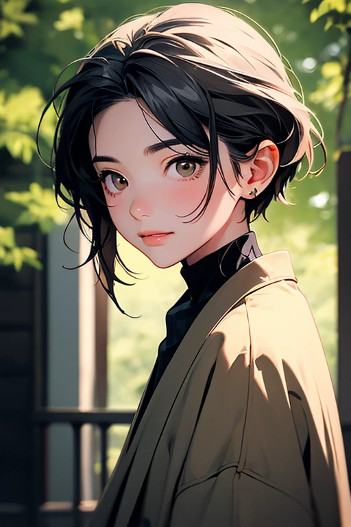 2D illustration, japanese cartoon movies, portrait in art, in cartoon style, Bishamon from noragami, 1 woman, short cut, big head, {{brown eyes}}, assembly, beautiful, high quality, masterpiece, best quality, high detail, high detailed eyes, grain filter, detailed lips, high resolution, very detailed, Upper body portrait, japanese girl, realistic proportions, Anatomically correct, pink cheeks; dark lighting, high quality, presentation, high resolution, 8K,, spring, lewd, film grain, Ilford HP5, 80mm, Gray checkered coat made of thick material, black shirt, black and yellow belt, 매우 짧은 short cut 헤어, charming smile, calm expression, 나뉜 앞머리의 short cut 헤어,Korean singer Younha
