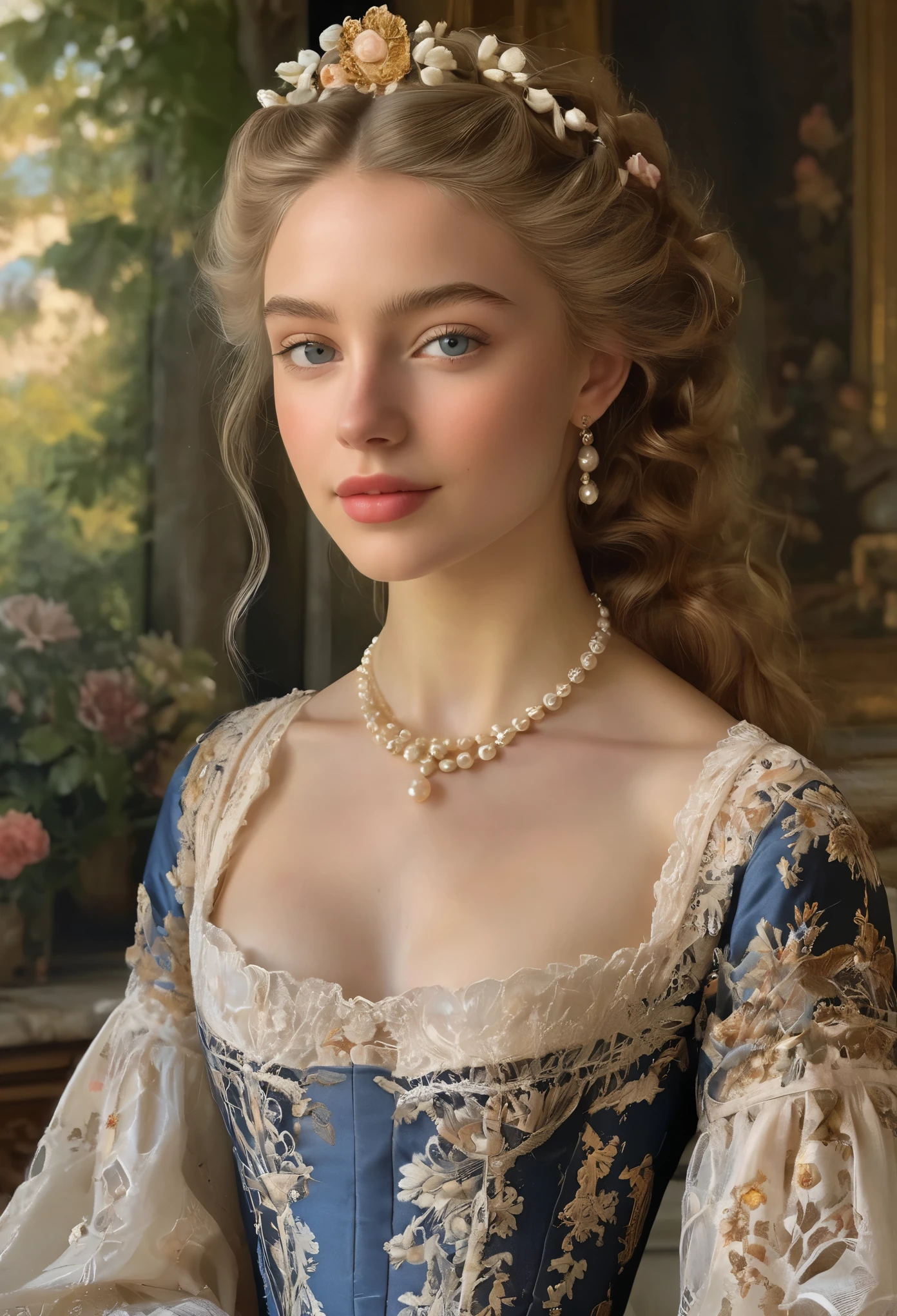 (best quality,4k,8k,highres,masterpiece:1.2),ultra-detailed,(realistic,photorealistic,photo-realistic:1.37),18th-century portrait,Italian girl,15 years old,stunningly beautiful,portrait,prominent family background,vibrant colors,soft lighting,porcelain skin,rosy cheeks,piercing blue eyes,flowing golden locks,delicate features,gently smiling lips,ornate dress,lace details,pearl accessories,lush garden background,evoking elegance and sophistication,classic painting style,baroque influences,meticulous brushstrokes,subtle shading,exquisite attention to detail,intricate patterns,studio lighting,historical charm,graceful posture,subtle gaze,vivid floral arrangement,impeccable composition,rich color palette,epitome of beauty and grace,showcasing the youth and allure of the subject.