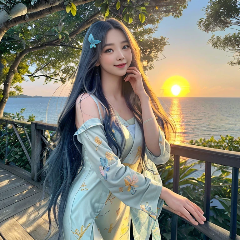 Beautiful hair and eyes、It is a feminine pose。彼女は描かれた異世界の風景に立ってAnd、Behind me is a beautiful orange sunset sky.。Moderate modification features:「Beautifully detailed eyes、Beautifully detailed lips、Highly detailed eyes and face、Long eyelashes」、(high resolution、4k、8k、High resolution、masterpiece:1.2)、Ultra fine(Realistic、Photorealistic:1.37)、Sailor suit、gorgeous panties、asian beauty、Fantastic landscape、Orange sky at sunset、Realistic eyes、Silk hair ornaments、sense of distance、tropical、Art Know-how、Concept Artist、Professional Illustrator、Brass furniture、Antique interior design、Soft Light、bright shades、Elegant atmosphere、Details of her accessories and clothing、A pose that gives a sense of movement、Happy expression、Realistic skin texture、Layered design of landscape、Soft pink and pale yellow hues、Summer winds、Clear ocean green water、Reflection of sunlight、Pattern of flowers and trees blooming nearby、A vivid touch at the tip、Transparent、Various shades of light blue、Blue glitter points、And、Silk fabric with a soft texture、A happy smile、A fusion of tranquility and nature、delicate hand movements、Fantastic butterfly々A scene of flying。

（Notice：Tag must be less than 40）