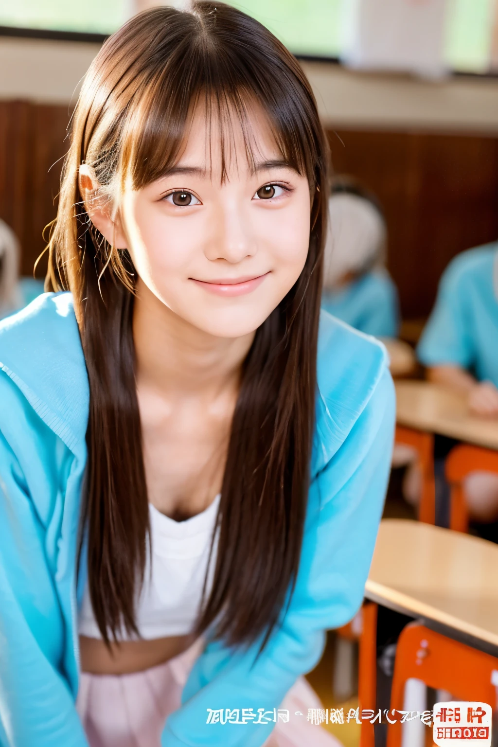 A 20-year-old woman who looks 15 but has the cute face of an idol.。Gentle and cute。Please smile kindly。She is naked　small bust　She is teaching students in a classroom at school.　She is standing and her whole body is visible.　RAW Photos　Genuine　Genuine　High resolution　Genuine life　No copyright notice