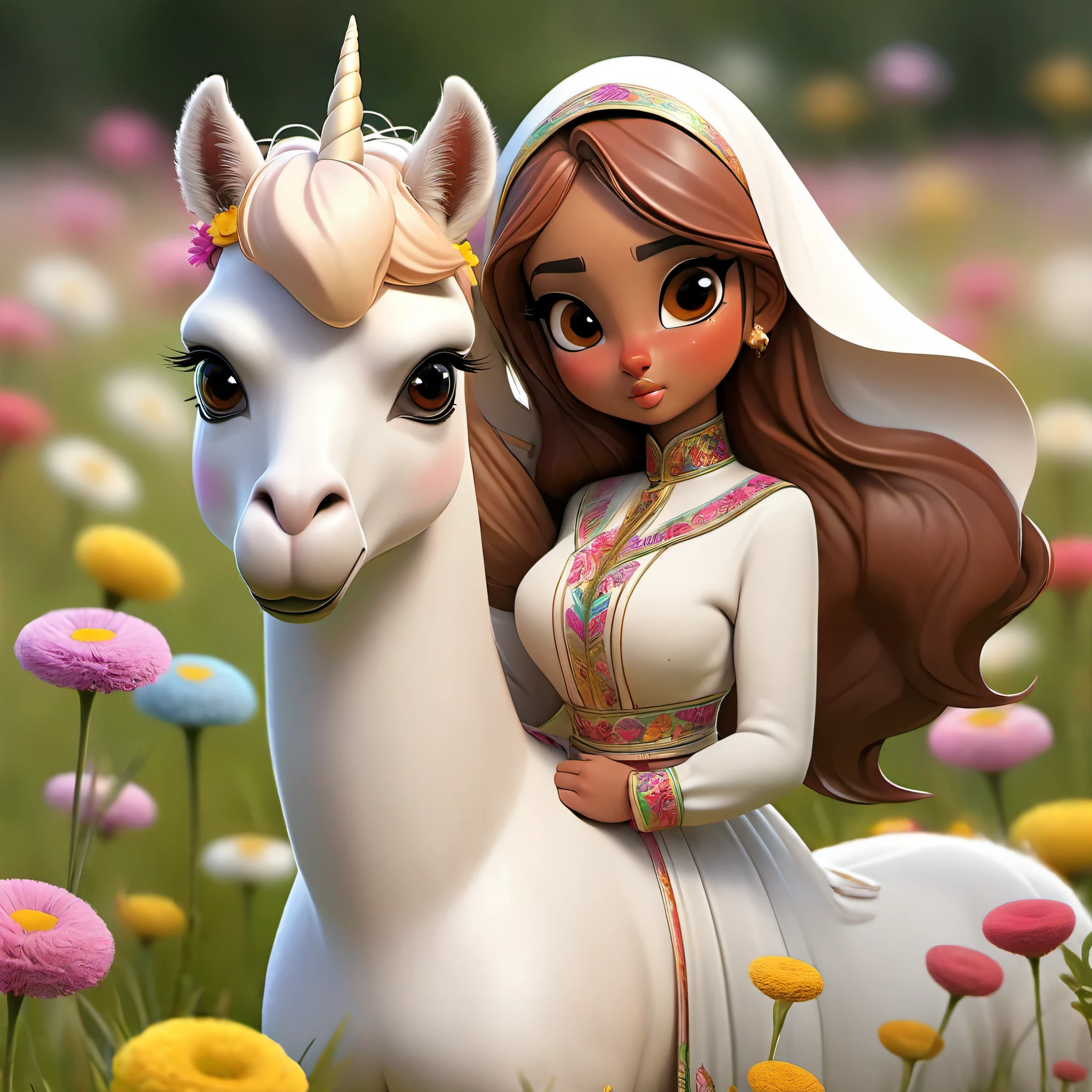 (A magical unicorn Alpaca grazes in a field full of flowers), (a brave young (20) Malaysian woman (huge natural breasts, big full butt, hourglass figure, average face, hijab no hair showing, extremely sheer translucent billowing outfit)