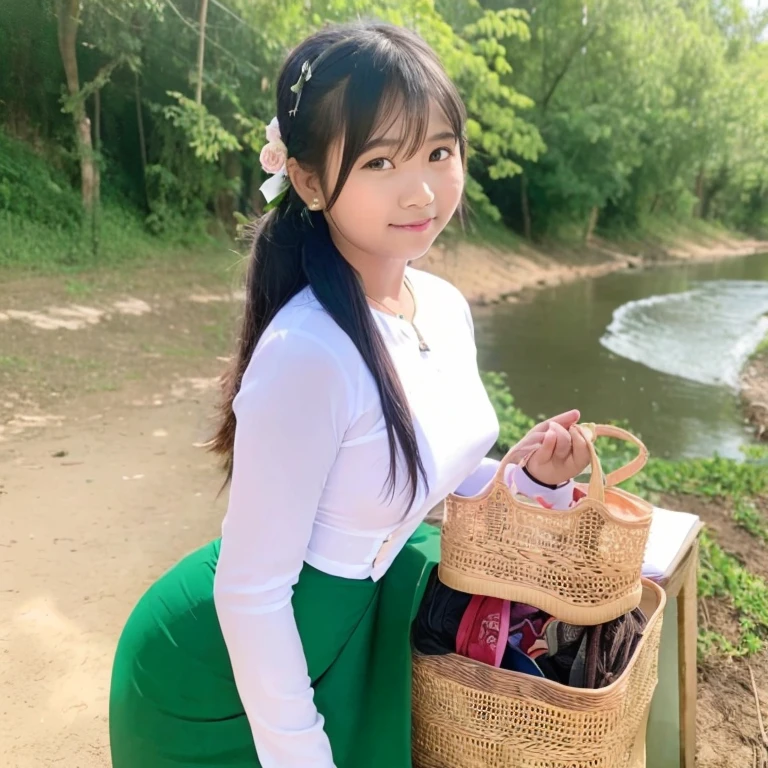 Myanmar school girl and school teacher with bag.background is village and stream.see through clothes.upper white and under green,no bra.