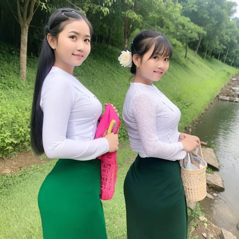 Myanmar school girl and school teacher with bag.background is village and stream.see through clothes.upper white and under green,no bra.