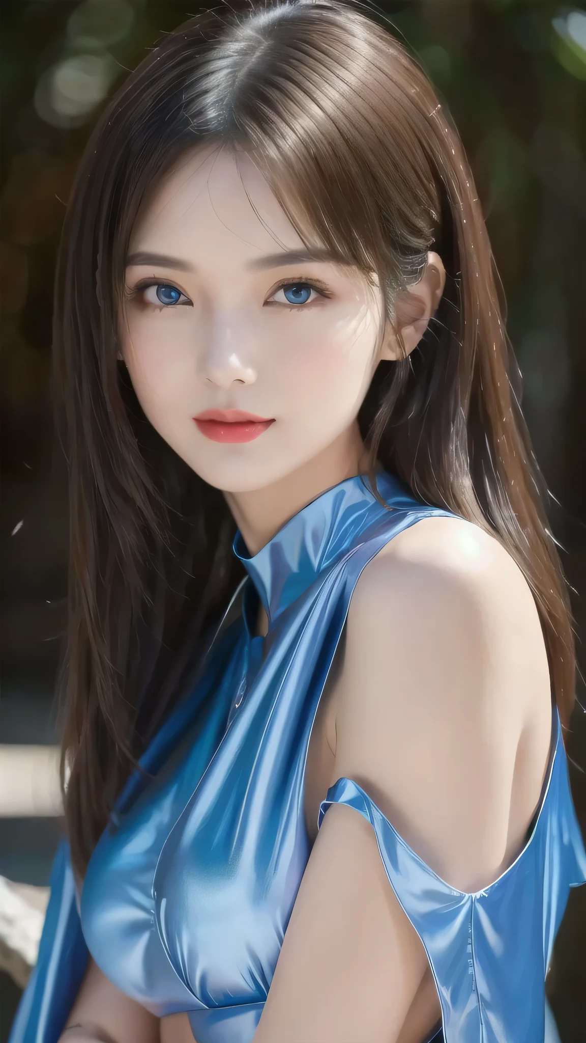 1 female々,white glossy skin, Age 25, A small, elegant face, Red lips, Parted lips, ( Hair parted to one side:1.5), blue eyes, smile, Elegant young woman, Shiny hair, choker,（Blue silk blouse :1.3)（Silver metallic silk pleated skirt :1.3), (Blue pumps:1.2),  Natural wavy hair, Slender figure, Tight waist, Beautiful Hands, Narrow shoulders, View here, Daytime Forest