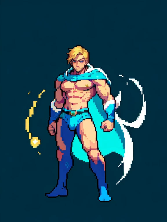 (masterpiece, top quality, best quality), pixel,pixel art,1male,super hero,muscle,wearing blue cape ,full body,