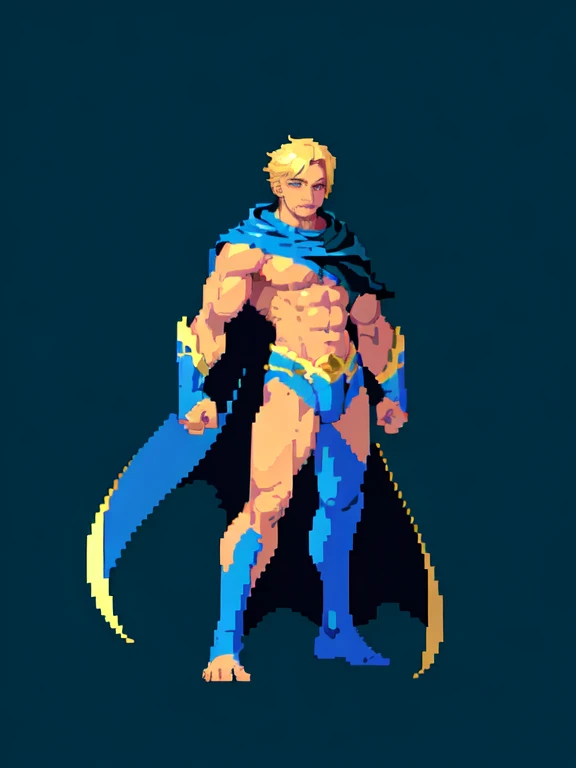 (masterpiece, top quality, best quality), pixel,pixel art,1male,super hero,muscle,wearing blue cape ,full body,