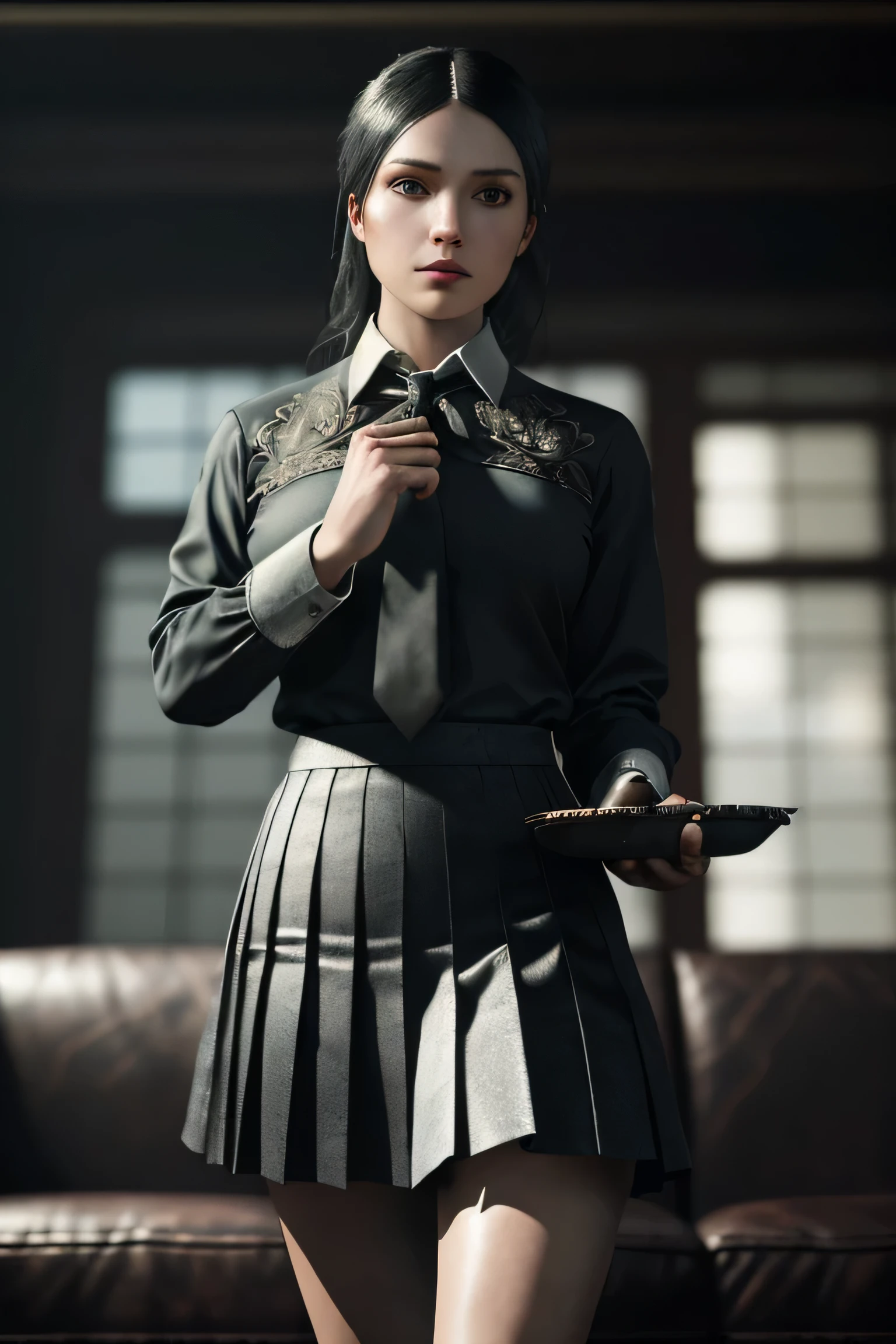 (masterpiece), (extremely intricate:1.3), (realistic), a girl, (dark fantasy, gore), (dynamic perspective), the most beautiful in the world, (kick viewers lightly), indoors, from below, shirt, tie, pleated skirt, smirk, on the couch, Aomori, Haifa, professional photograph of a stunning woman detailed, sharp focus, dramatic, award winning, cinematic lighting, octane render unreal engine, volumetrics dtx, (film grain, blurry background, blurry foreground, depth of field)
