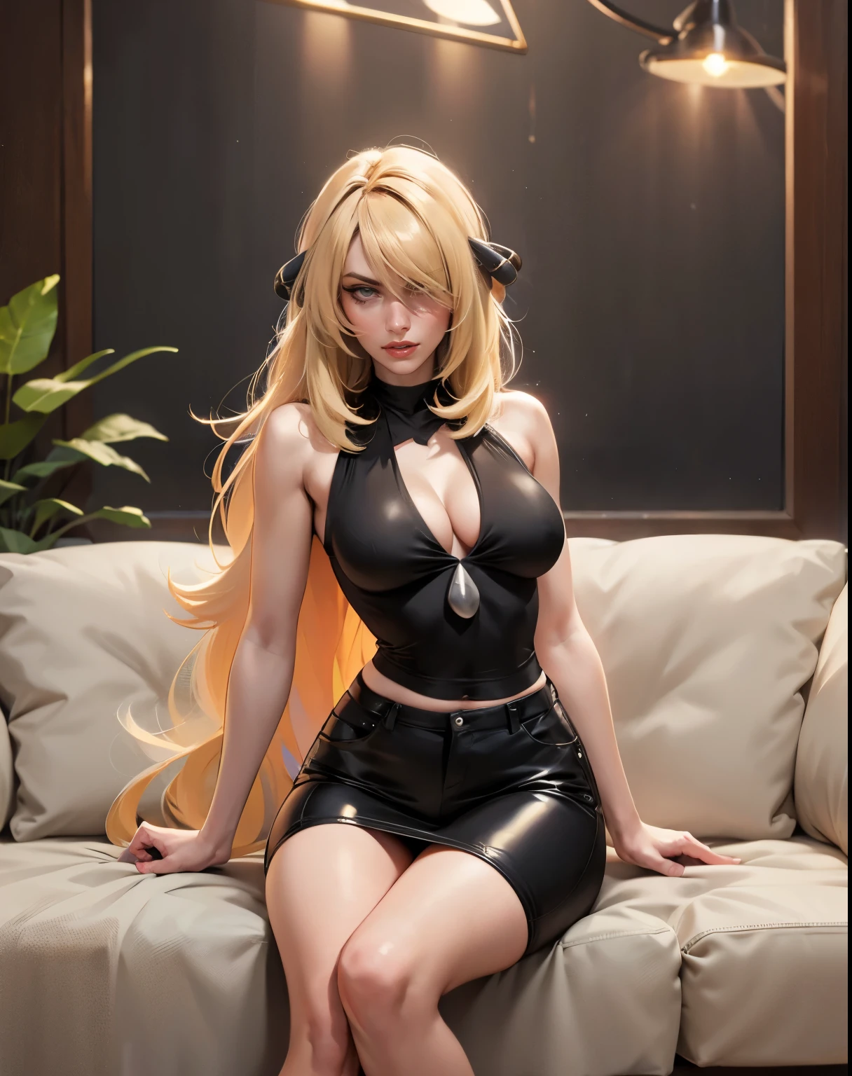 1girl, (cynthia/(pokemon/)), blonde hair, wavy hair, long blonde hair, hair covering one eye, asymmetrical bangs, tear drop hair ornament, gray eyes, Big sleepy sensual eyes, large breast, black top, long sleeves, v shape neck, cleavage, skinny, wide hips, thin waist, black jeans, black heels, hyperrealistic, style boobapad, piano in background, upper body, portrait, asymmetrical bangs, asymmetrical hair, bangs, sexy ass