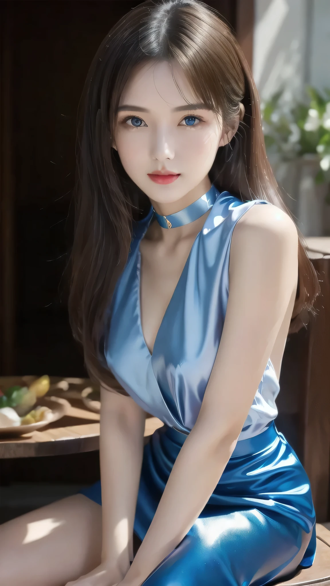 1 female々,white glossy skin, Age 25, A small, elegant face, Red lips, Parted lips, ( Hair parted to one side:1.5), blue eyes, smile, Elegant young woman, Shiny hair, choker,(Blue silk blouse :1.3)(Silver metallic silk pleated skirt :1.3), (Blue pumps:1.2), Natural wavy hair, Slender figure, Tight waist, Beautiful Hands, Narrow shoulders, View here, Broadleaf forest in the daytime