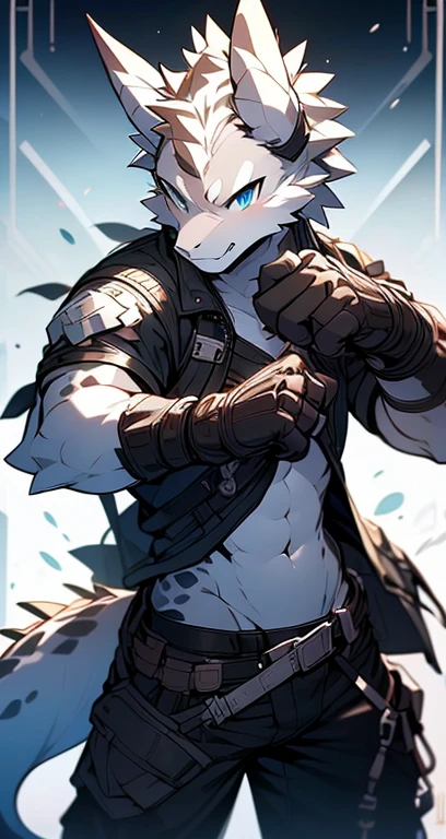 Masterpiece, Cool Pose, Furry Gray Dragon, Medium Strong Body, Blue Eyes, Grey Medium Hair, Combat Black Shirt, Combat Gloves, Combat Pants, Fierce, Good looking 