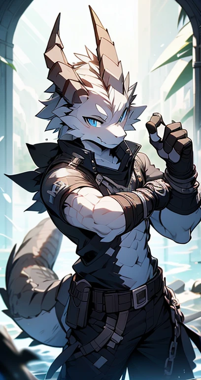 Masterpiece, Cool Pose, Furry Gray Dragon, Medium Strong Body, Blue Eyes, Grey Medium Hair, Combat Black Shirt, Combat Gloves, Combat Pants, Fierce, Good looking