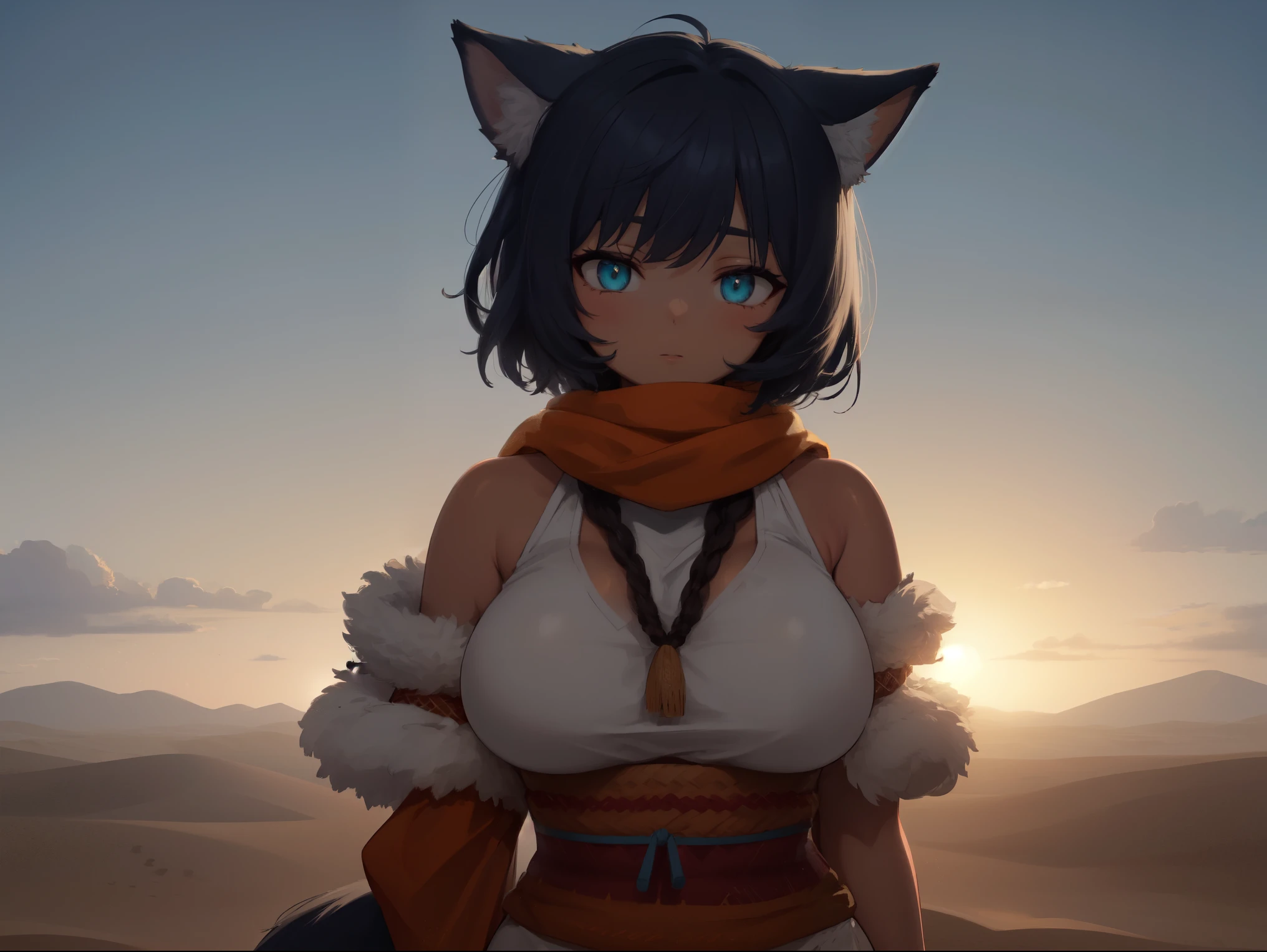 ((human)), female, ((solo)), (tan skin), dark blue hair, short hair, ((fluffy hair)), (cyan eyes), dark blue fox ears, dark blue fox tail, big breasts, ((tribal clothing)), short orange scarf, up close, standing, desert, sunny, sun, lens flare, Very good figure, extremely detailed, cinematic lighting, volume lighting, masterpiece, best quality