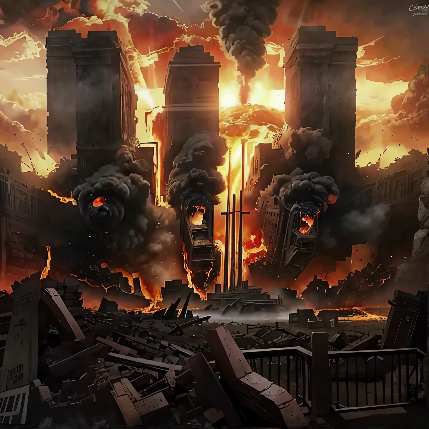 A painting depicting war，The background is a ship, Attack on Titan scenery, a queda de Constantinopla, An ancient city on fire, monster destroying pyongyang, Anime epic artwork, Epic painting, Theatre concept art, Delicate matte painting, Doomsday art!!!!, Matte Comic Book Art, Stunning fine matte, Doomsday art, The End of the World