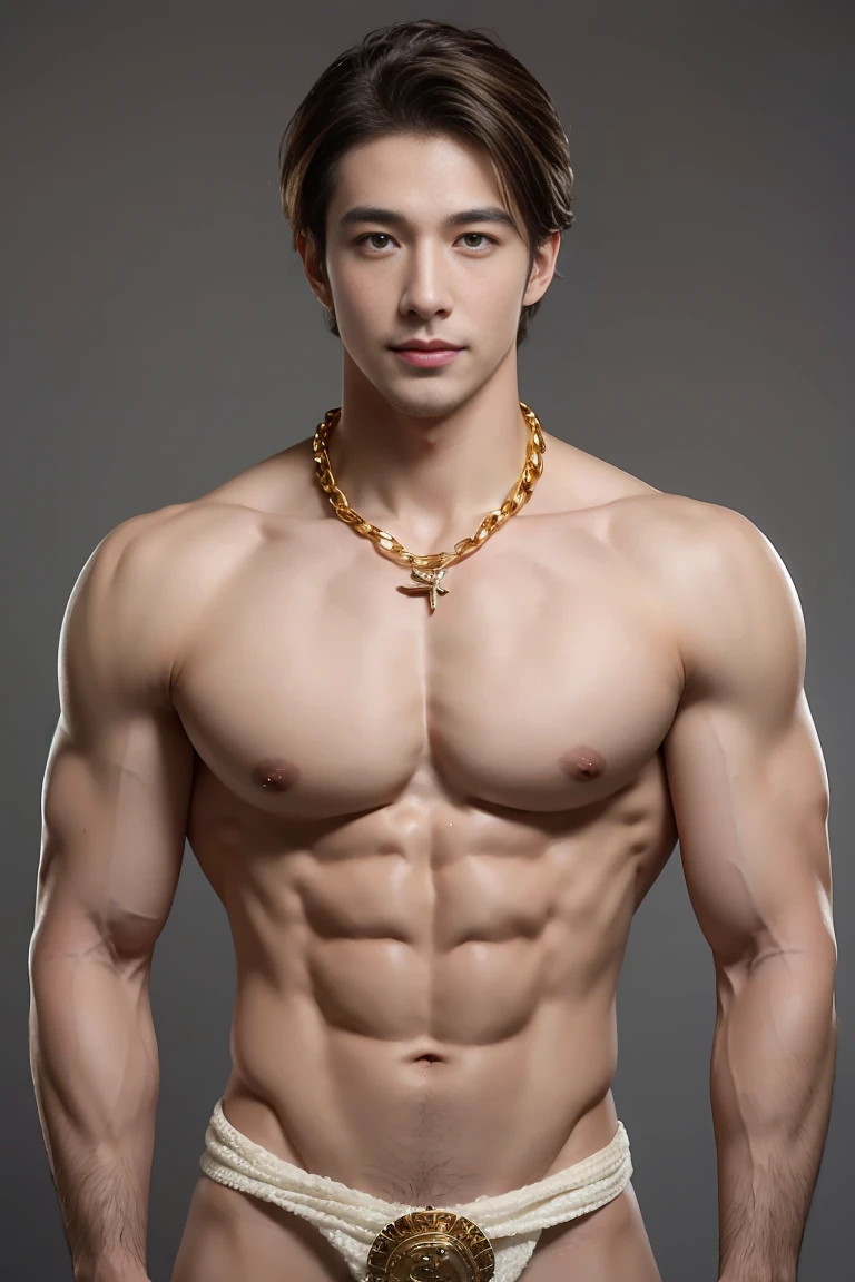 
(masterpiece, best quality:1.2), 1 person, Single attractive man，With eyes like heaven, delicate brown hair, magic , beautiful appearance, with a mysterious smile, Very beautiful face , Detailed facial images, Big and long nipples，Full chest muscles，Six-pack abs , naked，Tulle loincloth，Big bag highlights ,Handsome man! Diamonds in the ears. A gold chain hangs around his neck,Highest quality full body photos of cute boys!