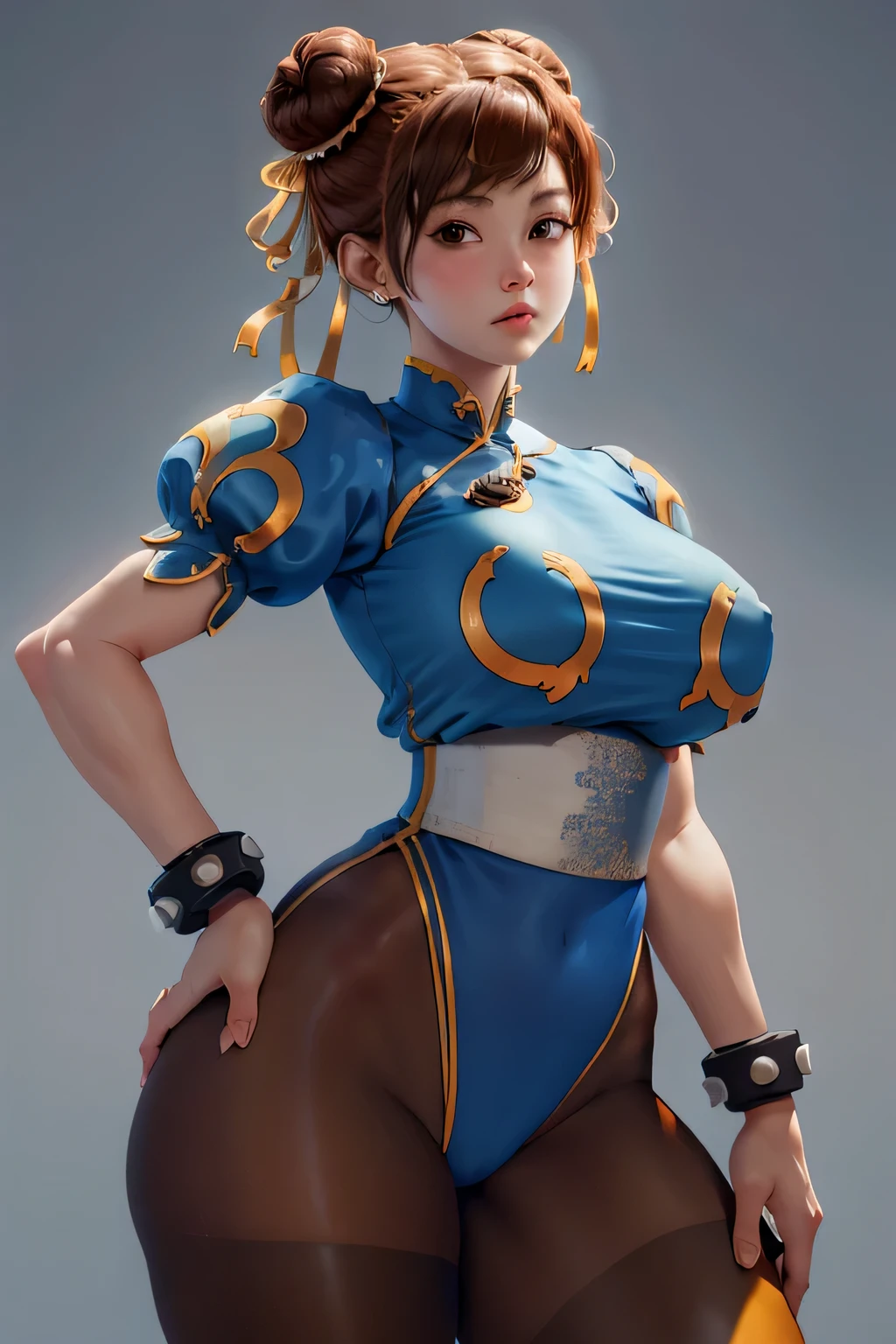 Masterpiece, Best quality, 8K, Cinematic light, Ultra-high resolution, tchibi,simplebackground, 1girll chun li,full bodyesbian,Americans，curlies，Orange hair，athlete，blue clothes