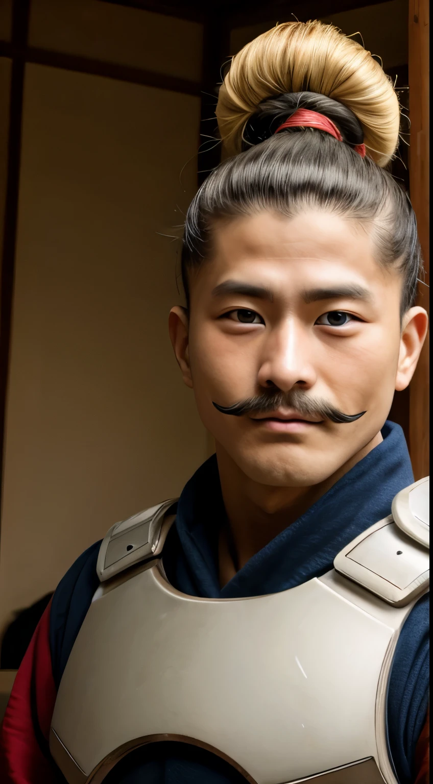 1 man、topknot、Japanese armor、shallow mustache、in detail、4K、front shot、Crazy