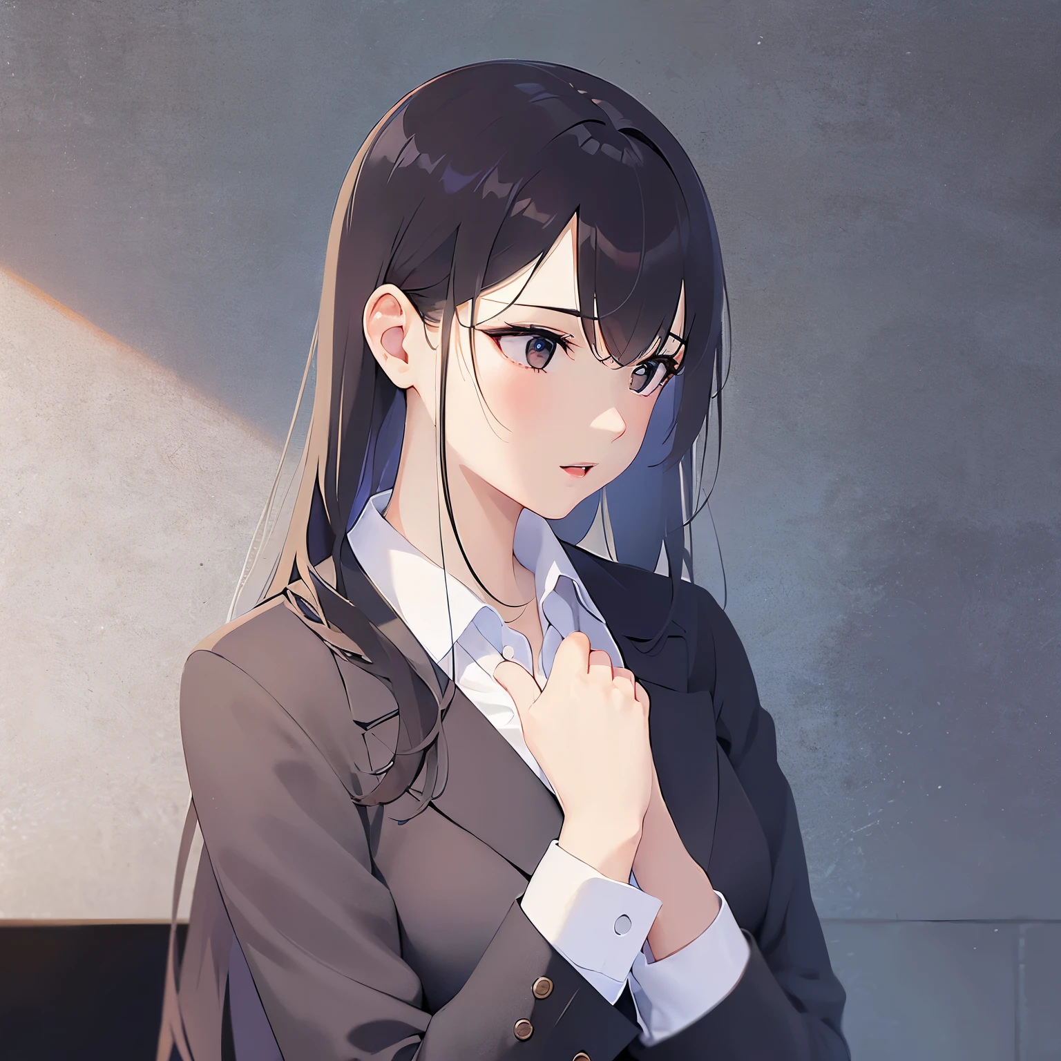 Cradling face with both hands, Biologically correct five fingers、side angle, (looking away:1.5), Upper Body, Realistic, real person, (pale skin: 1.2), RAW photo, photorealistic, portrait photography, shiny skin, shiny hair、(25 year old woman with medium hair with bangs) and (wavy hair) and (brown hair) and (closed eyes:1.2) , (Wearing a business suit:1.5) and (Wearing a white collared shirt)、smile, open mouth, The background is the office、Alone、Are standing、