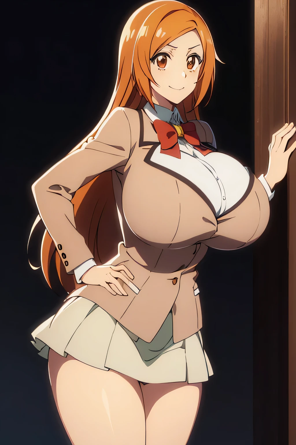 inoue orihime, inoue orihime, Long hair, Orange hair, (Brown eyes:1.5), Take off your uniform, Blazer, bow ribbon, Neck ribbon, Bow, bowtie, Red bow, grey blazer, grey skirt, looking at the viewers, BREAK (masutepiece:1.2), Best Quality, High resolution, Unity 8k wallpaper, (Illustration:0.8), (Beautiful detailed eyes:1.6), extra detailed face, Perfect Lighting, extremely details CG, (Perfect hands, Perfect Anatomy),Smile with open mouthplein air、outside of house、(huge-breasted:1.3), (big breasts:1.3)、(Naughty thighs:1.3)、plein air、blue-sky, shiny oily skin with high contrast,, huge long breasts,