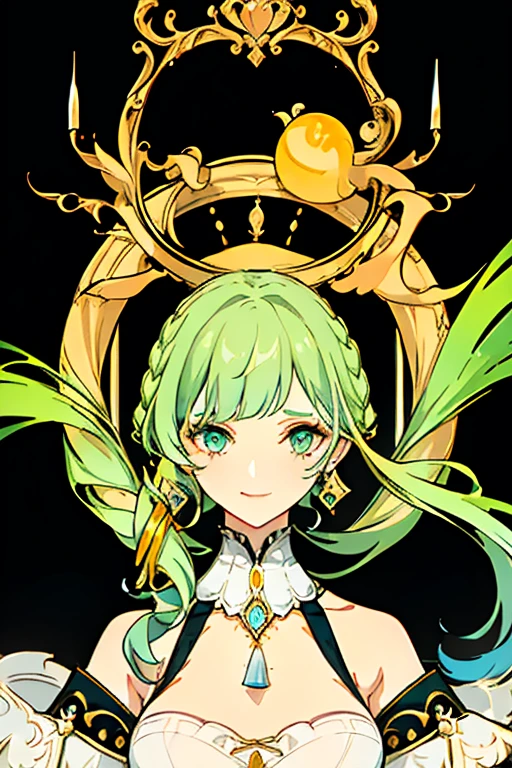 illustration, UHD, retina, masterpiece, accurate, Anatomically correct, Super Detail, High detail, high quality, Award Winning, Best quality, a high resolution, good anatomy, 1080P, HD, 4k, 8K, 16 thousand., 1 girl, dynamic pose, androgynous, upper body portrait, detailed eyes, detailed clothing, detailed hair, Rendering, 2 hands, 5 fingers, 2 legs, have short tea, long bangs, asymmetrical locks, short lock, wear an elaborate designer outfit, paper earring, green eyes, gradient eye yellow, side window on chest, medium breast, shows collarbone, wear shackles around your neck, smiling