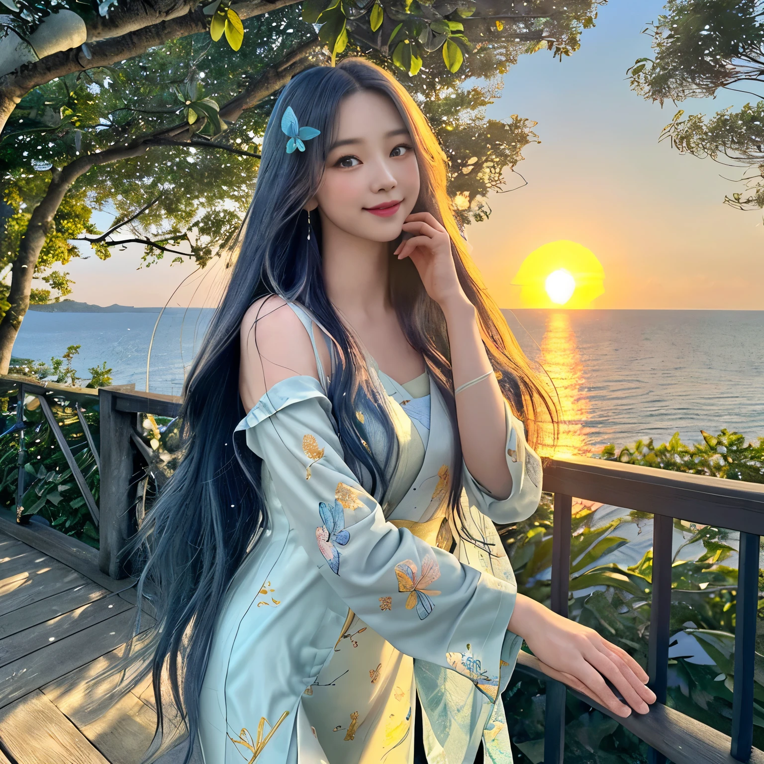 Beautiful hair and eyes、It is a feminine pose。彼女は描かれた異世界の風景に立ってAnd、Behind me is a beautiful orange sunset sky.。Moderate modification features:「Beautifully detailed eyes、Beautifully detailed lips、Highly detailed eyes and face、Long eyelashes」、(high resolution、4k、8k、High resolution、masterpiece:1.2)、Ultra fine(Realistic、Photorealistic:1.37)、Sailor suit、gorgeous panties、asian beauty、Fantastic landscape、Orange sky at sunset、Realistic eyes、Silk hair ornaments、sense of distance、tropical、Art Know-how、Concept Artist、Professional Illustrator、Brass furniture、Antique interior design、Soft Light、bright shades、Elegant atmosphere、Details of her accessories and clothing、A pose that gives a sense of movement、Happy expression、Realistic skin texture、Layered design of landscape、Soft pink and pale yellow hues、Summer winds、Clear ocean green water、Reflection of sunlight、Pattern of flowers and trees blooming nearby、A vivid touch at the tip、Transparent、Various shades of light blue、Blue glitter points、And、Silk fabric with a soft texture、A happy smile、A fusion of tranquility and nature、delicate hand movements、Fantastic butterfly々A scene of flying。
(Notice:Tag must be less than 40)