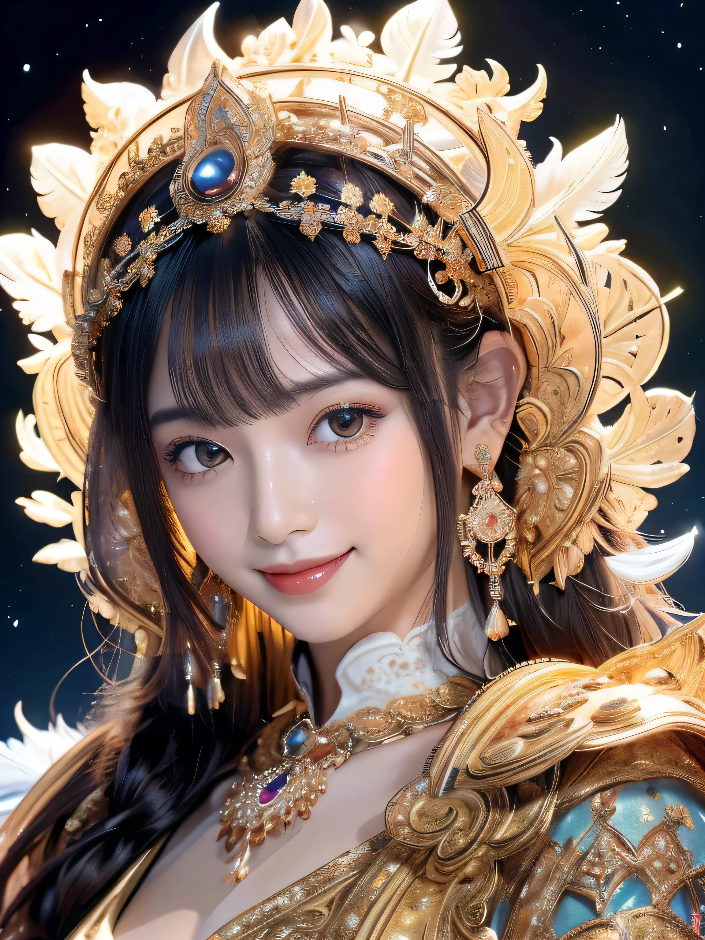 (sun, Moon and Stars,Night Sky),(masterpiece、highest quality、highest quality、Official Art、exquisite and beautiful:1.2)、(One Girl)、((staff,Buddha'Light,Current Aeon,Aurora)),Very detailed、(Fractal Art:1.3)、colorful、Most detailed,(Moving posture:1.4)、Beautiful and delicate face down to the smallest detail、Beautiful and delicate eyes in every detail、Very fine grain definition, (Symmetrical eyes:1.3),((Natural smile)),Floral scent,feather、Statue of the Goddess