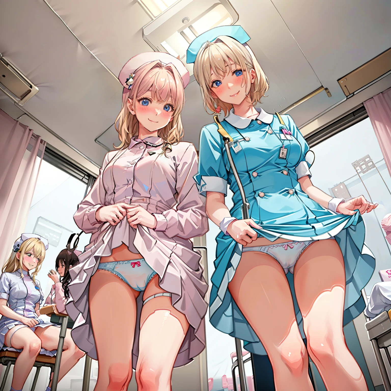 ((2 girls))、(smile:1.5)、Small breasts、（Cowboy Shot）、(fun!!)、(cardigan)、(blonde)、(blush:1.4)、、(Single Blade)、(Eye highlights:1.3)、, Rest indoors, ((Hospital room:1.5))、 BREAK while watching the audience、(Grab the skirt:1.0)、 (Perfect hands, Perfect Anatomy),Cowboy Shot、(Skirt flip:1.3),(Highly detailed panties:1.3)、(Highly detailed white panties:1.3)、、(スカート that rolls up:1.3)、(Full-fledged panties:1.5)、Bright Blue Eyes、(White nurse uniform:1.5)
、(White nurse cap:1.5)、White costume、White Uniform、nurse uniform 、nurse cap