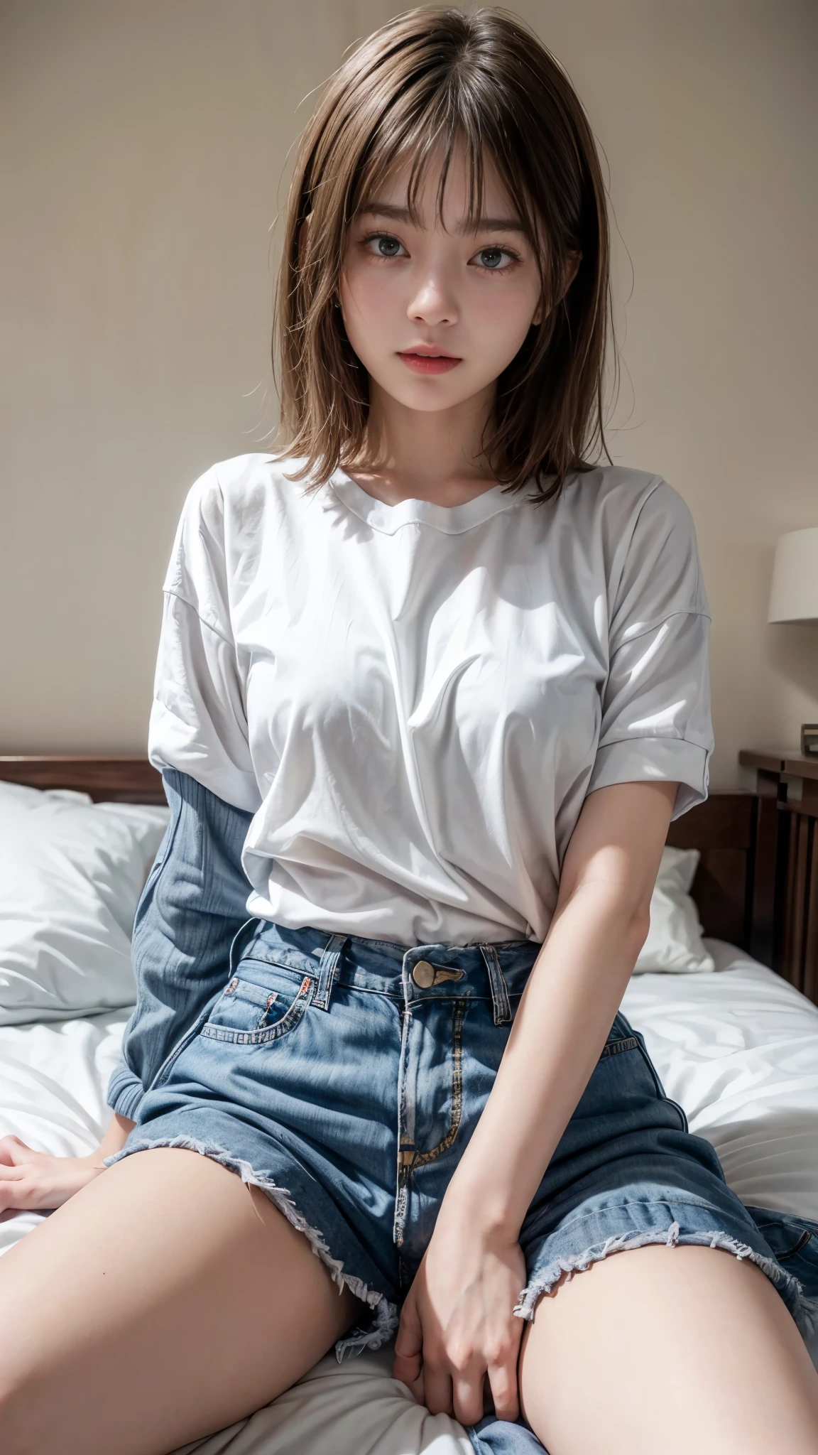 8k,High definition、highest quality、14 year old Caucasian girl、on the bed, finger in the crotch ,do lick it is finger,suddenly face,open crotch,open legs