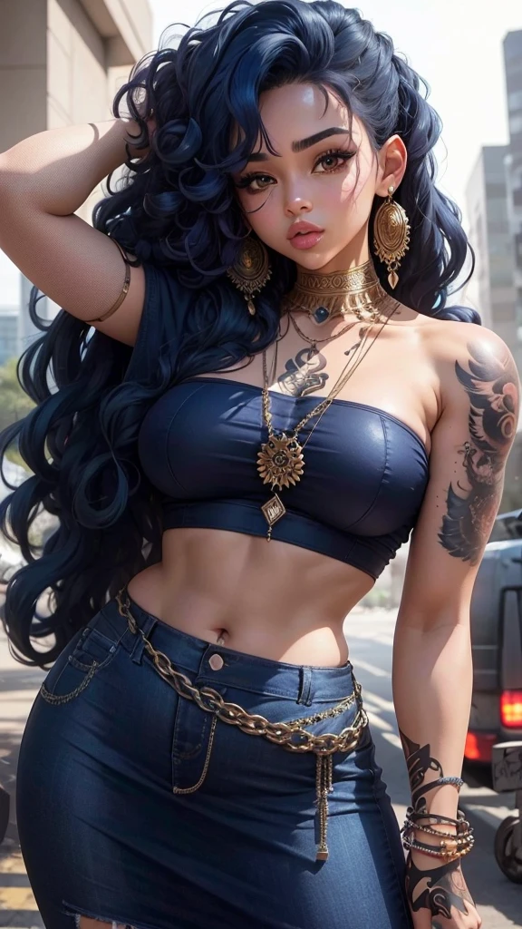 Beautiful girl, , , curly blue hair, big breasts, ، white skin , wide hips, big lips, , crop top,mini skirt ,tattooed body