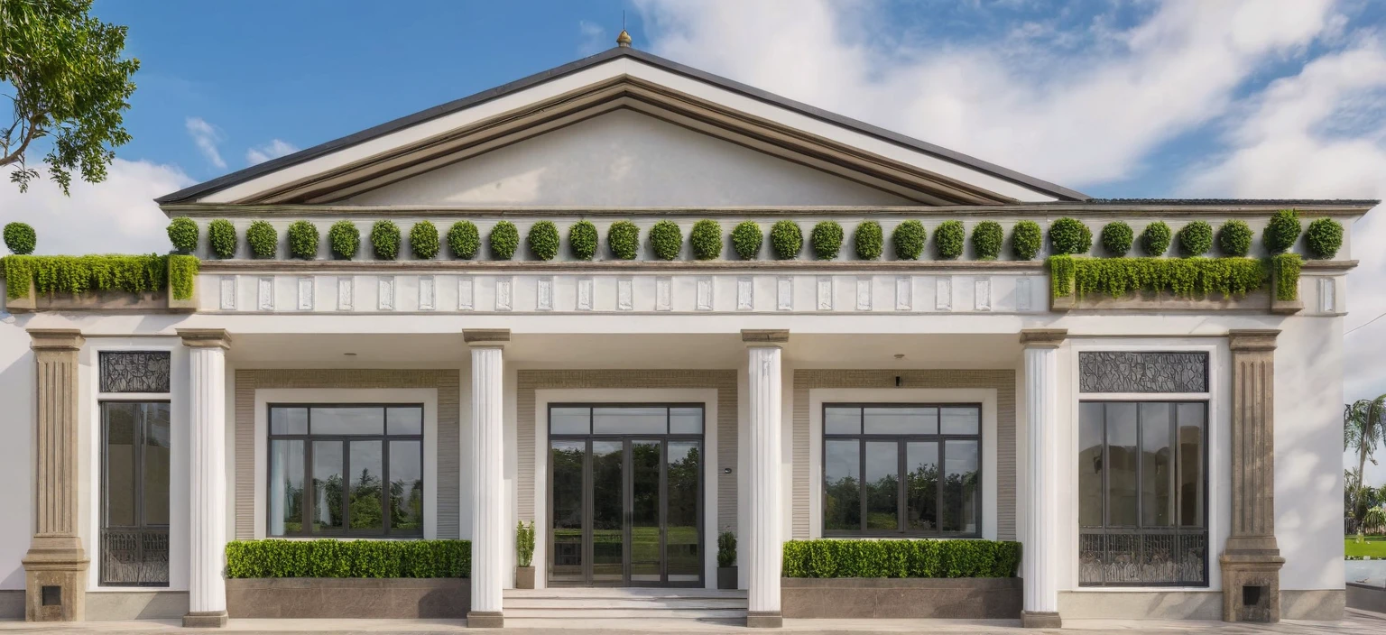 Masterpiece, high quality, best quality, authentic, super detail, outdoors, house style modern,bietthuhn, white wall, glass windows, gate road,pavement, grass, trees,blue sky, cloud, (day:1.1), realistic lighting