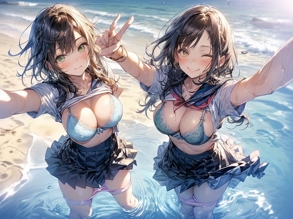 nswf:1.3,((masterpiece, highest quality, High resolution, 超High resolution, Pixel Perfect, Written boundary depth, 4k, RTX, human development report))), , beauty、View the whole body、((((looking up at viewer)))), (masterpiece: 1.2, highest quality, masterpiece, Clearer images), (Bright colors), ((Take clear photos even from a distance)), (Multiple Girls), (Harem), (School classmates), (((All school uniforms have the same design))), (((Everyone is wearing the same navy blue skirt))), (((Everyone is wearing a swimsuit of a different color and design.))),(()), ((prostitution婦)), (On the beach in Okinawa), (smile)、((youth)),(((Flirting))),(cute Japanese((6 girls))), (((infant'Face))), ((Group shot)), (((Group selfie))), ((ass visible through thighs))、Wide-angle, Soft Light、(((Blazer uniform, Checkered pleated skirt,White Shirt)))、(Slightly larger breasts), ((prostitution)), ((viewers love it)), Landscape、(((show panty:1.6)))、((breast grab:1.3)),(((bra lift:1.2)))、 ((Green Eyes, Beautiful eyelashes, Realistic eyes)), ((Detailed face, blush:1.2)), ((Smooth texture:0.75, Vibrant质感:0.65, Vibrant:1.1, Anime CG Style)), Medium breast, Perfect body, Beautiful curves、beautiful legs、thin、smile, (((Attractive way to stand))),((Model pose)), Aerith Gainsborough, Hair Ribbon, bracelet, brown hair, Side Lock, Parted bangs, Green Eyes, Braid, ((()Award-winning design underwear))、(((Everyone wears different colors and designs of underwear.))),show panty、((((open legs:1.4)))、((breast grab:1.3)),(((bra lift:1.2)))、Detailed depiction of the crotch、(water droplets:1.2)、(Stand with your feet apart), ((((Are standing)))), (Her legs were spread), (Made to stand with legs apart..) ,((Attractive way to stand)),(((Uplifting)))、(water droplets:1.2)、(Rising Wind:1.5),please stand facing me、 thin脚, ((one eye closed))、((((selfie))))、((Hair fluttering in the wind)),((Hold your hair in your hands)),((arm behind head)),(((leaning forward)))、((((Flirting)))),Inner thighs