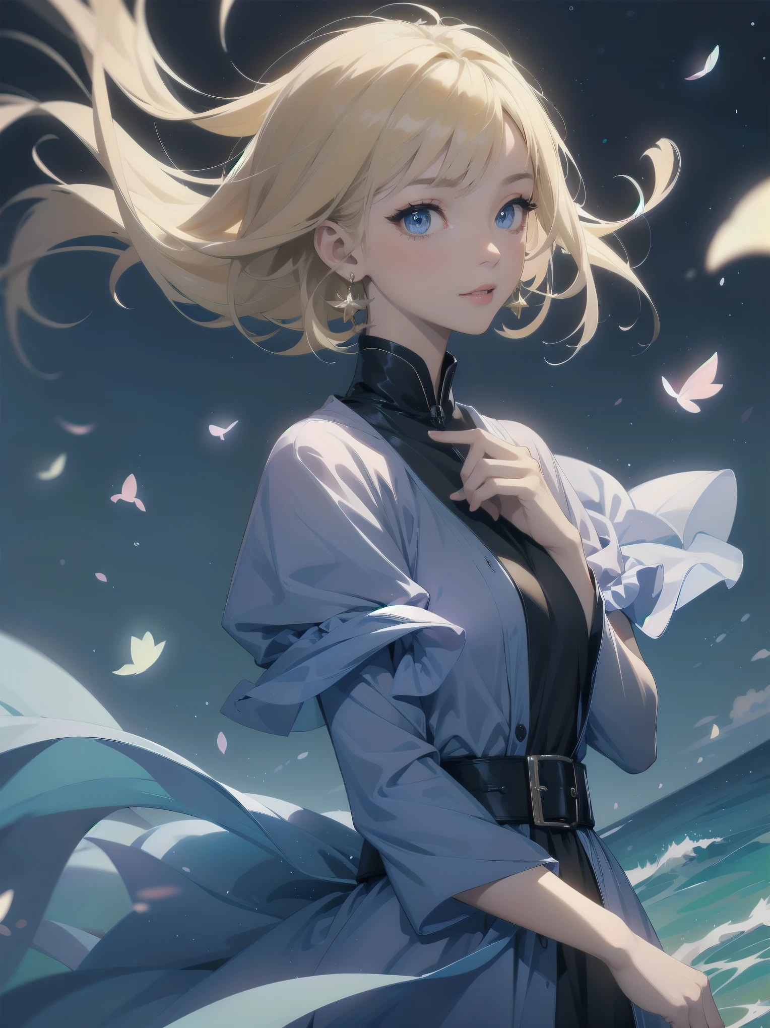 Masterpiece, Top Quality, High Resolution, Super Dimensional Face, Cute Eyes, Very Beautiful Girl in Long Blue Dress Anime Character, One Beautiful Girl, Long Dress, Solo, Blue Dress, (Bob-cut Hair:1.1), Amber Eyes, Gazing, Blonde Hair, ((Hair Fluttering in Wind)), , Medium Chest, Hoop Earrings, Fluttering hair, Night sky, Meteor shower, Fantastic, Phantom moon, Light smile, Dynamic, Fantasy, Otherworldly, Mysterious place
