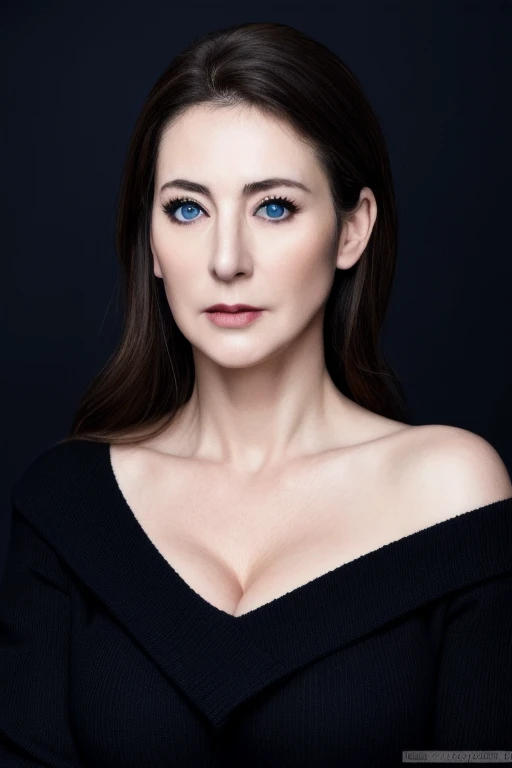 Ultra-high resolution, masterpiece, highest quality, Realistic skin of a 40 year old, Perfect lighting, Detailed lighting, Japanese middle-aged women、, Black sweater, View your viewers, Off the shoulder, Big Breasts, Exposed cleavage, blue eyes, Browsing Caution, ((Dark Background)), Sexy Face, The expression when receiving pleasure, Open the mouse,