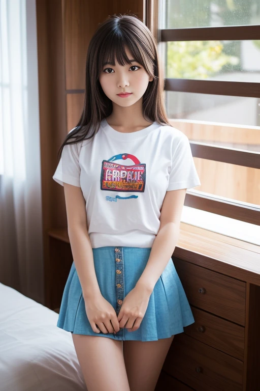Highest quality Japan Primary school students Girl 1 person 10 years old T-Shirts jeans Are standing