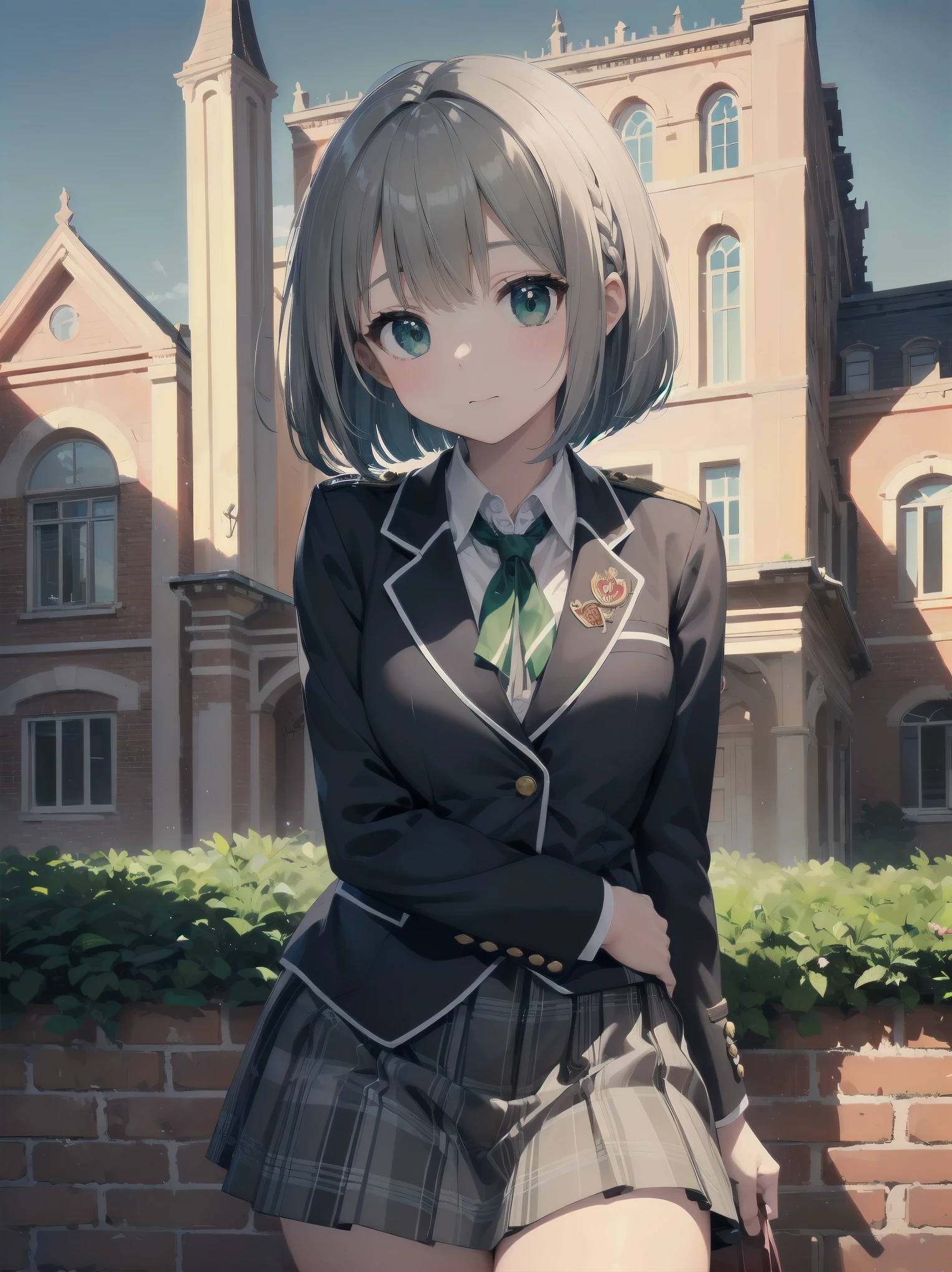 Top-High quality、Highest quality、masterpiece、High Contrast、Colorful、Elegance、Sexy expression、high school girl、Beauty、Bob cut braids、uniform、(red blazer)、Ribbon tie、(Green and gray plaid skirt)、(black tightovie-like shadows、fine shading、cute、Truly unbelievably cute absurd、outside、school trip、national treasures、Traditional buildings、blue sky
