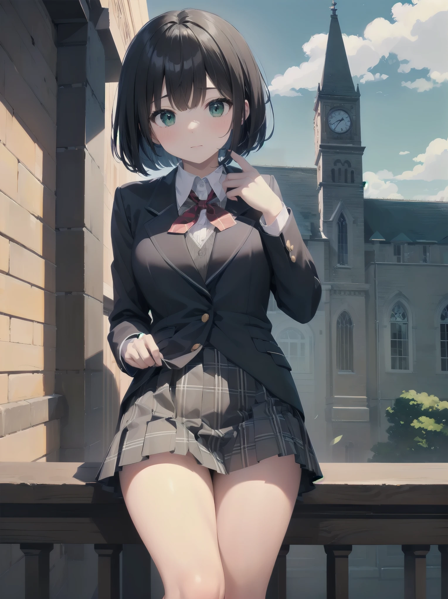 Top-High quality、Highest quality、masterpiece、High Contrast、Colorful、Elegance、Sexy expression、high school girl、Beauty、Bob cut braids、uniform、(red blazer)、Ribbon tie、(Green and gray plaid skirt)、(black tightovie-like shadows、fine shading、cute、Truly unbelievably cute absurd、outside、school trip、national treasures、Traditional buildings、blue sky