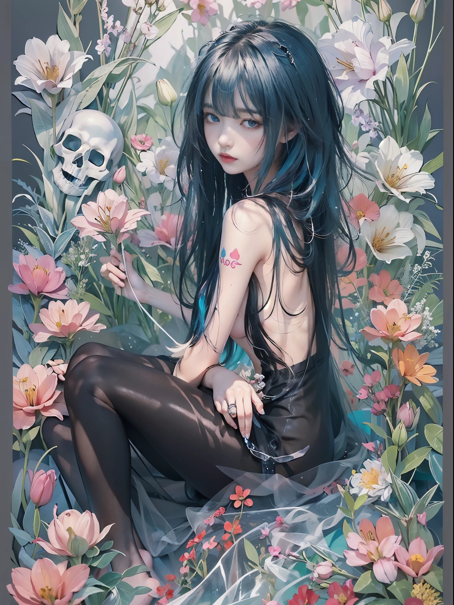 ((lonely, 1 girl, 16 years, tattoos, Brilliant eyes, white fluffy), (full length), (sexual topless), (black transparent dress), (sexual, erotic, spread your legs))_((Delicate scarlet lips), (straight black hair - long, blue, cascade), (colorful shiny hair), (cool shine, Wet straight hair))_((simple color palettes), (pastel shades, kawaii, Cute colors, Clean)) _((sexual, erotic), (NFV), (simple, Minimum accessories), (necklaces and thin rings made of silver or gold..), (simple bracelets, distinctive design, simple silhouettes), (simple and erotic style))_ ((background), (abstraction-minimalism), (fresh, color fill, wide stroke), (stunning flowers), (lilies, skull, extremely unusual, long stems - large stems)).