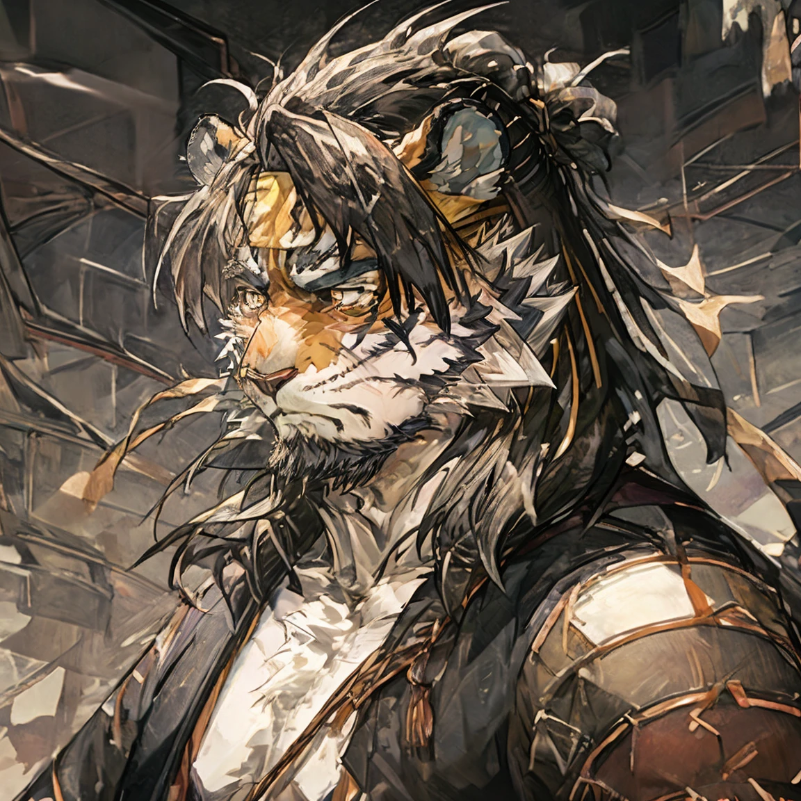 Masterpiece,Best quality,1boys,(Huai_Tianpei),Solo,Muscular male,hi，It's nothing,8K HD,Extreme detail,Detailed background,Masterpiece,Muscular,muscular anthro,aged up,view the viewer,hair-bun,Beard,Sideburns,Open clothes,Chinese clothes,Claws,Thick eyebrows,Orange body,Facial hair,Tiger tail,Brown hair,Headband,Tiger ears,Tiger Boy,Medium hair,Upper body,disheveled, Messy clothes, Emotional breakdown, Emotional outbursts, Crazy love, self-abasement, Longing for love, There are self-inflicted scars on his arms, Huge pectoral muscles, Wear only a pair of underwear, No nsfw content, No R18 content, Pornographic content without being blocked, heart-shaped pupils, crazy eyes, empty eyes, dilated pupils, hollow eyes, constricted pupils, eyeball, crying with eyes open, streaming tears, animal ears, tiger ears, crazy, sad, crying, scared, nervous, turn pale, shaded, unconscious, flustered, heavy breathing, sobbing, upset, sulking, worried, panicking, depressed, rape face, evil, envy, despair, confused, expressionless eyes, excited, anger vein, teeth, face-to-face, fang, upper teeth, skin fang, fang out, yandere, saliva trail, glint, endured face, pre-rephaëlite painting, anime style, UHD, retina, masterpiece, ccurate, anatomically correct, textured skin, super detail, high details, high quality, award winning, best quality, highres, 1080P, HD, 16k