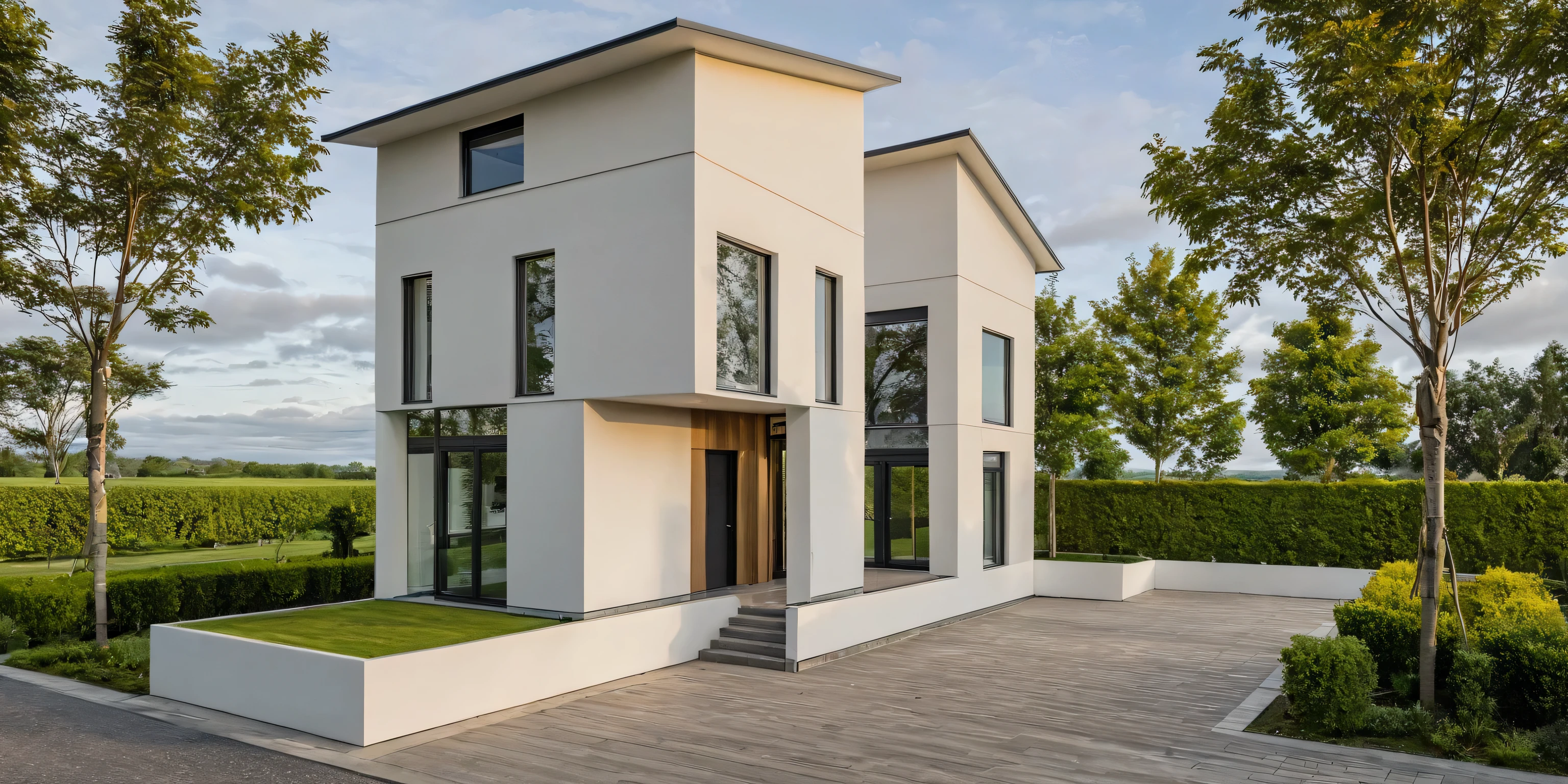 chef-d&#39;artwork, high quality, best quality, authentique, Great detail, en plein air, villa de plain-piedXL, credit group, style de maison moderne dans la rue ,escaliers, mur blanc ,route,pavement, herbe, des arbres, ciel, nuage, (day light:1.1)
