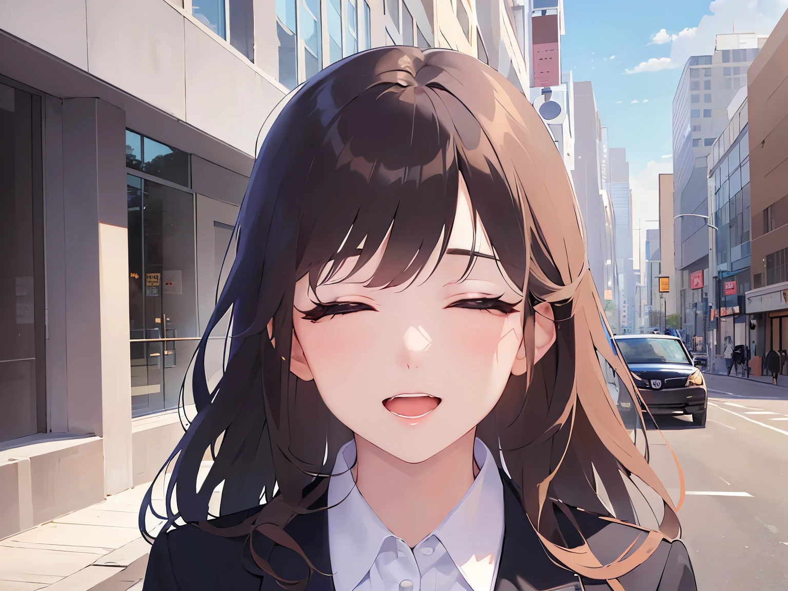 head tilt、 Upper Body, Realistic, real person, (pale skin: 1.2), RAW photo, photorealistic, portrait photography, shiny skin, shiny hair、(25 year old woman with medium hair with bangs) and (wavy hair) and (brown hair) and (closed eyes:1.2) , (Wearing a business suit:1.5) and (Wearing a white collared shirt)、smile, open mouth, The background is the office、Alone、Are standing、