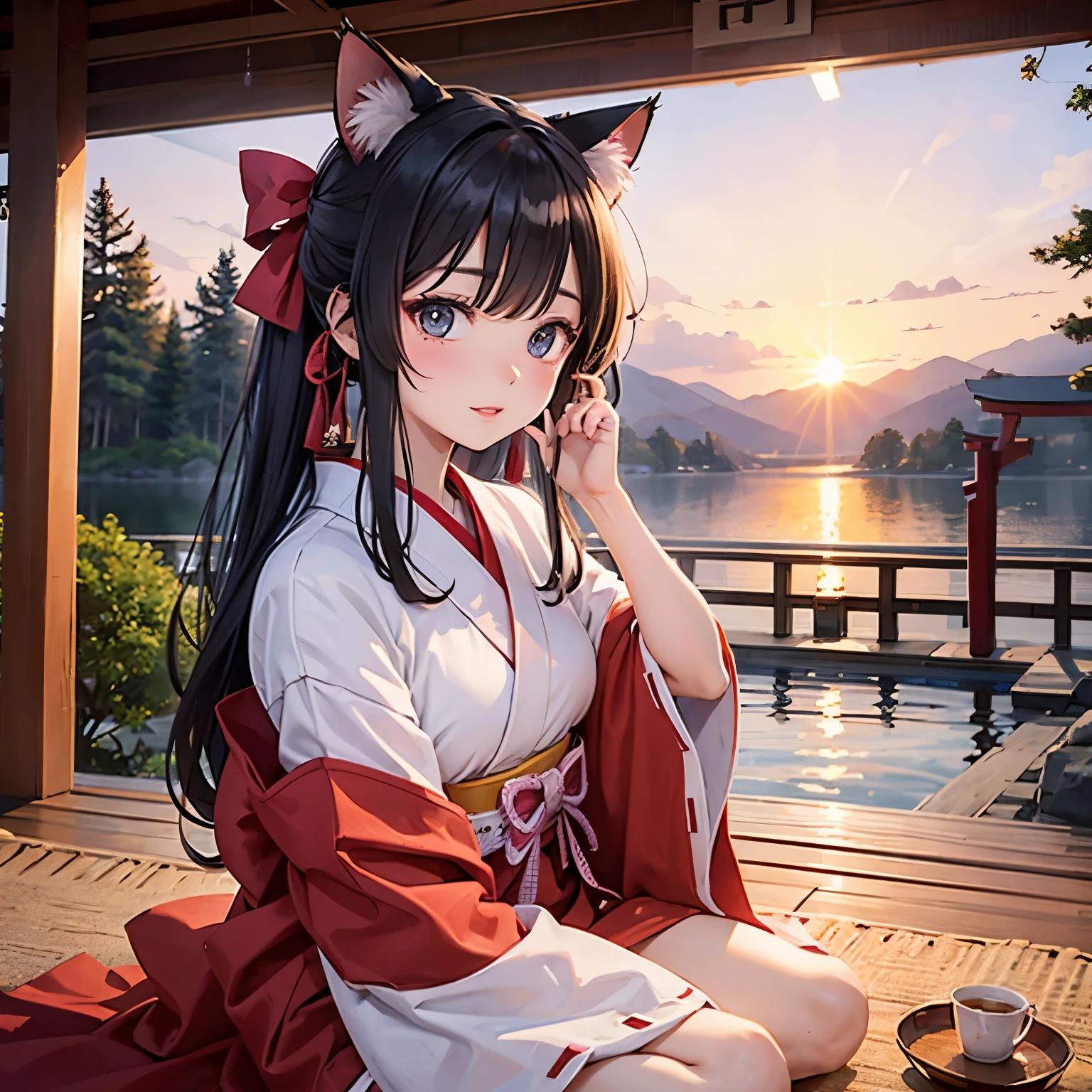 cute illustration、(1black haired woman、hair length、slim body shape、thin face、brown fox ears headband、shrine maiden style bikini)、(Holding a big pure white Shiba Inu)、Very embarrassed、sitting position with legs bent、traditional japanese room、lighting from the side