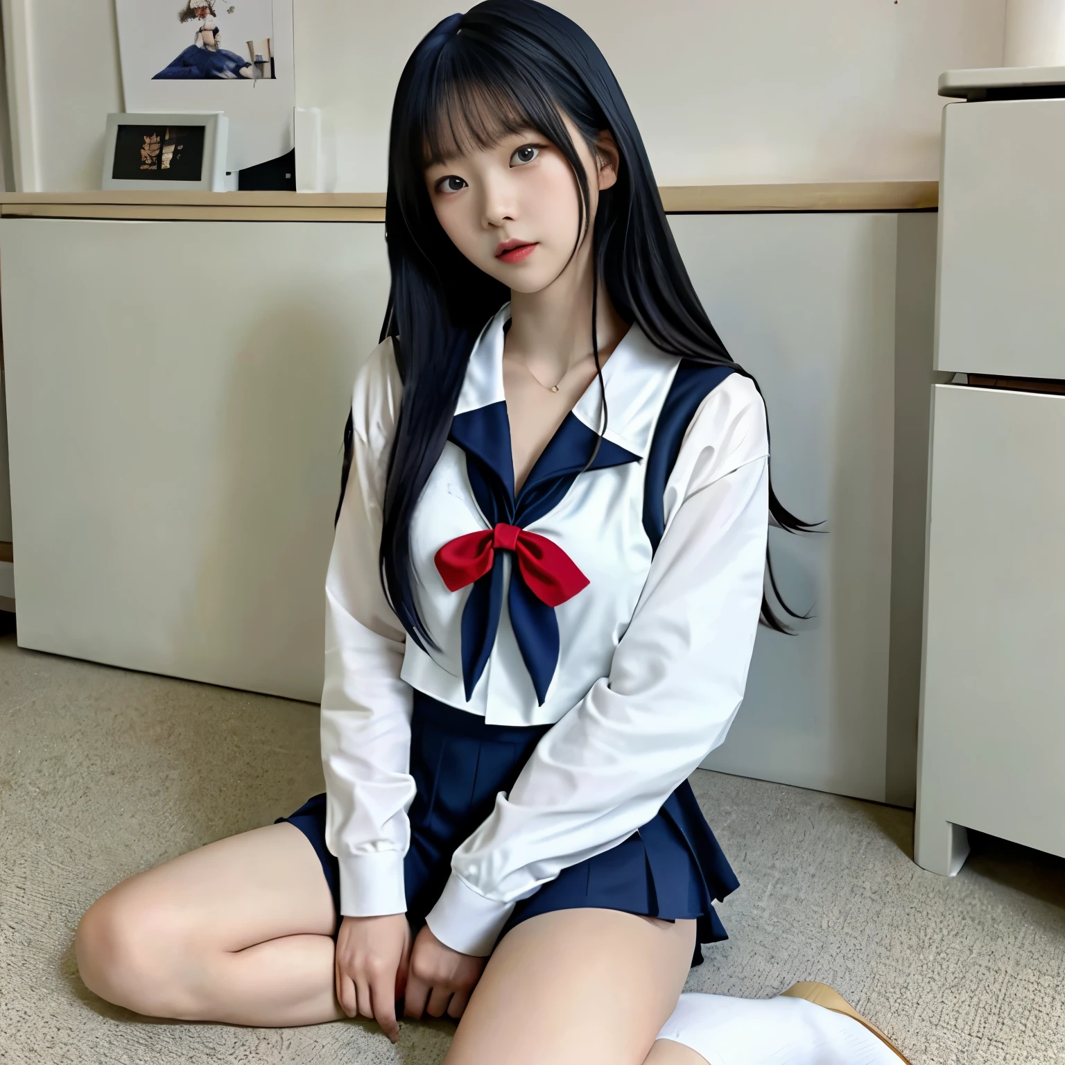 Asian woman in sailor suit sitting on the floor、gorgeous panties、