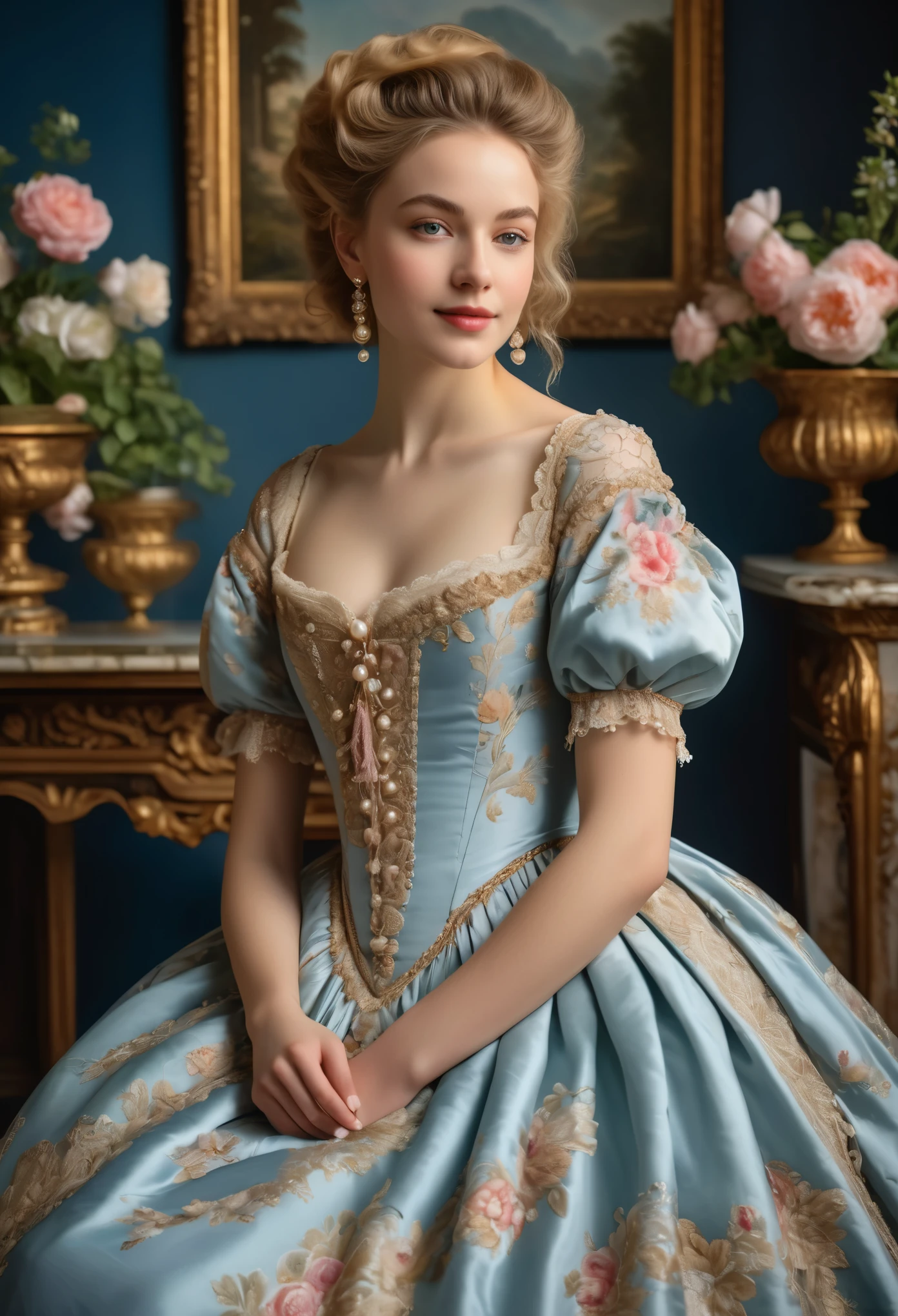 (best quality,4k,8k,highres,masterpiece:1.2),ultra-detailed,(realistic,photorealistic,photo-realistic:1.37),18th-century portrait,Italian girl,,stunningly beautiful,portrait,prominent family background,vibrant colors,soft lighting,porcelain skin,rosy cheeks,piercing blue eyes,flowing golden locks,delicate features,gently smiling lips,ornate dress,lace details,pearl accessories,lush garden background,evoking elegance and sophistication,classic painting style,baroque influences,meticulous brushstrokes,subtle shading,exquisite attention to detail,intricate patterns,studio lighting,historical charm,graceful posture,subtle gaze,vivid floral arrangement,impeccable composition,rich color palette,epitome of beauty and grace,showcasing the youth and allure of the subject.