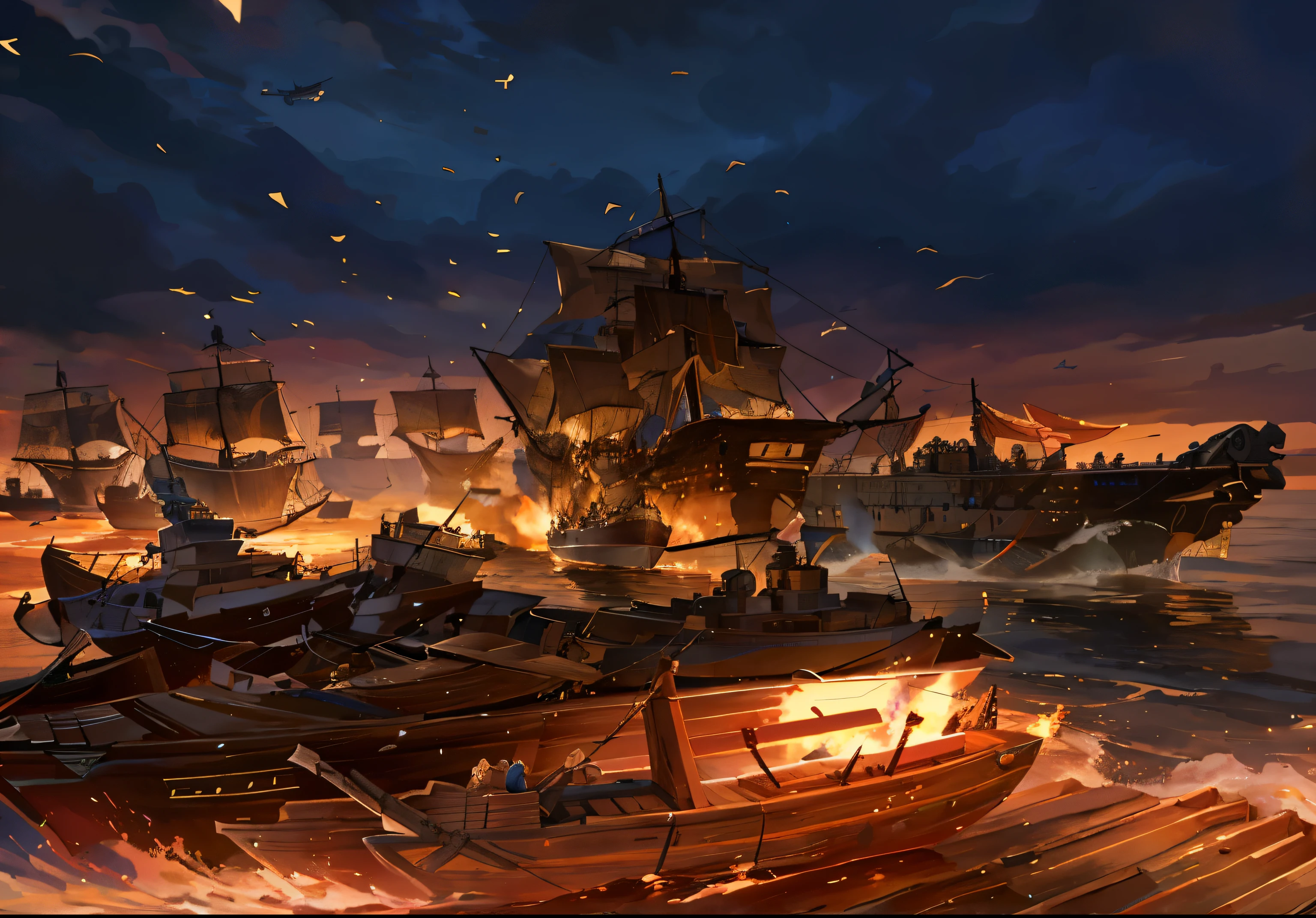 arafed image of boat with passengers in water, Epic naval battle, a queda de Constantinopla, epic battle scene, Ships fighting at night, author:Luis Miranda, Detailed game art illustrations, Epic Viking battle scenes, An ancient city on fire, Burning Ships, author:Roman Bezpalkov, Kerem couplet