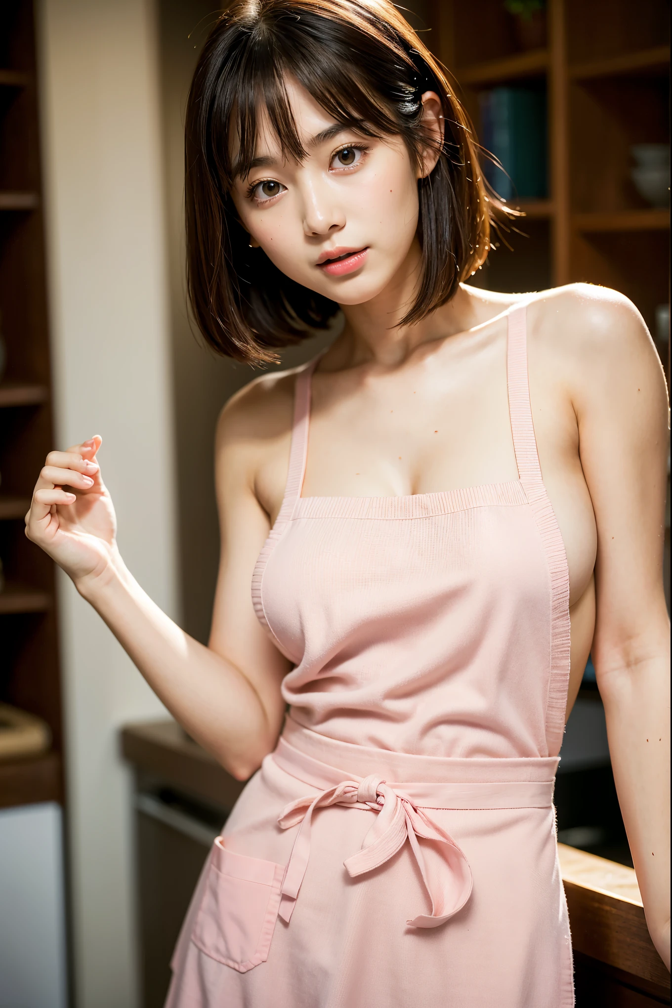 highest quality, Face Focus, Soft Light, Ultra-high resolution, (Realistic:1.4), RAW Photos,
1 Japanese girl, alone, cute,kind Beautiful face in every detail, (),(High resolution detail of human skin texture),
indoor, ((Amazingly thin and tiny pink knit camisole apron)) Beautiful breasts Wearing a boldly revealing apron
(Portraiture) High resolution focused on the eye smile See-through bangs Love sex The background is the main character Wide and deep background Luxurious and beautiful kitchen Thin eyebrows Beautiful breasts very cute Beautiful white skin Beautiful Hair (Very stylish and beautiful straight bob hair:1.3)